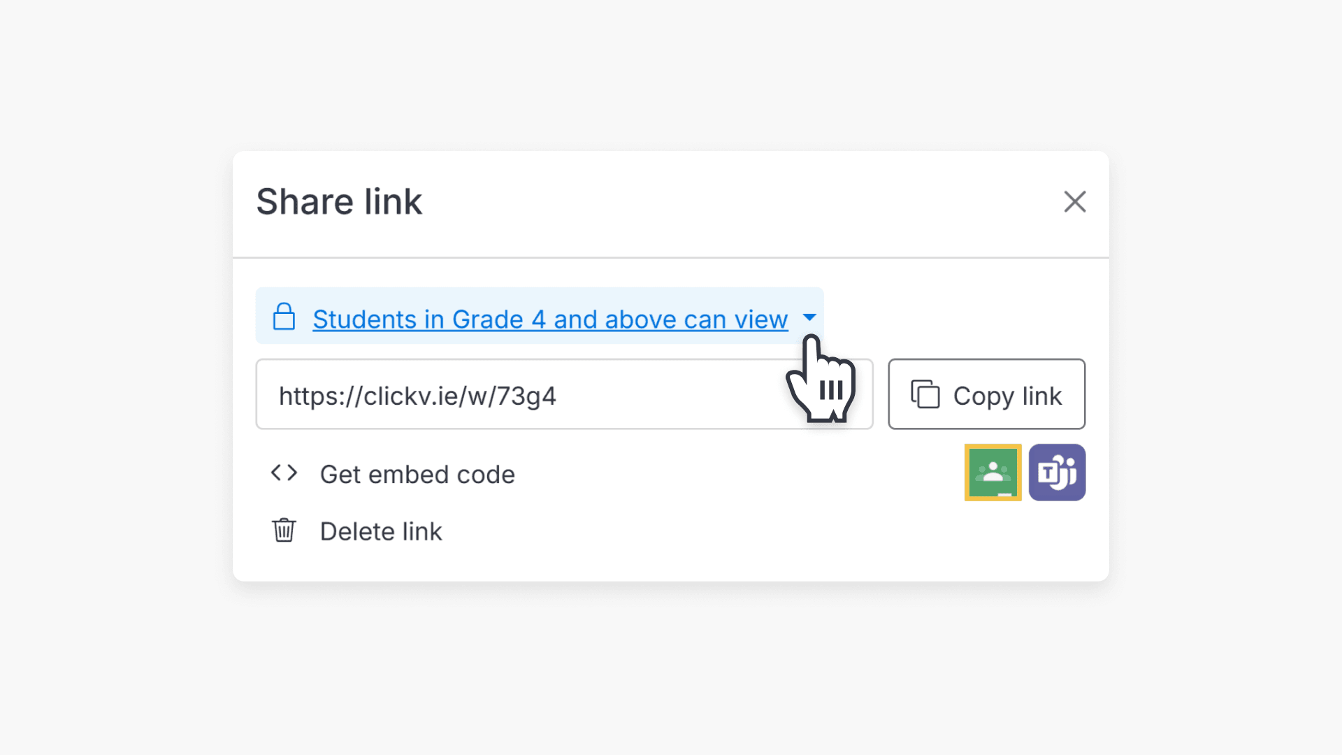 Cursor hovering over who can view the link