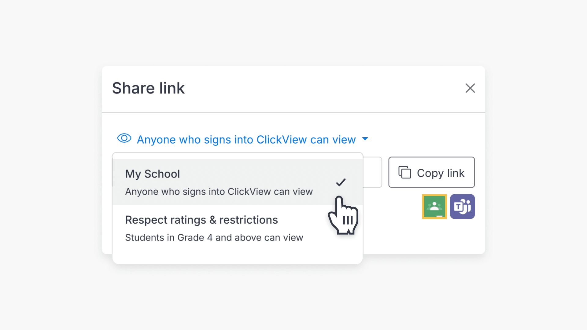 Cursor hovering over Sharing Link to My School