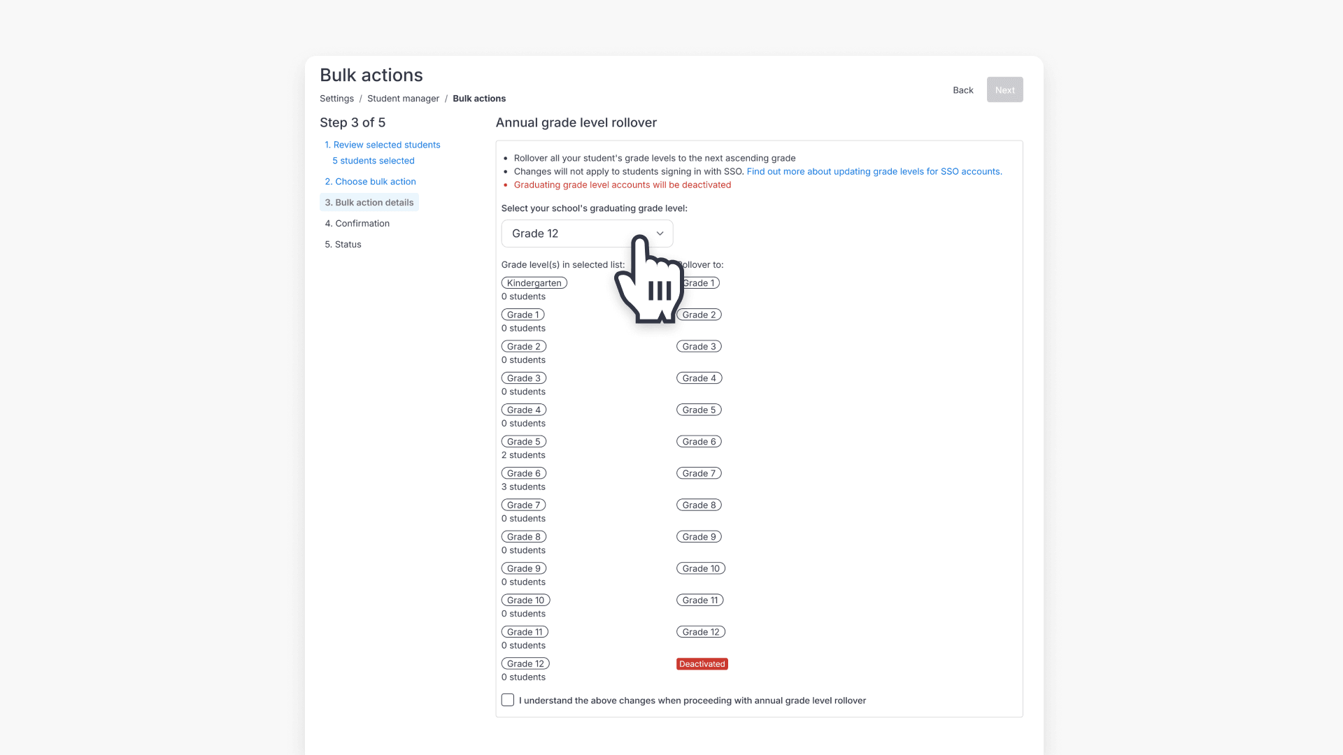 Hand pointing over 'Grade 12' from 'Select your school's graduating grade level' dropdown