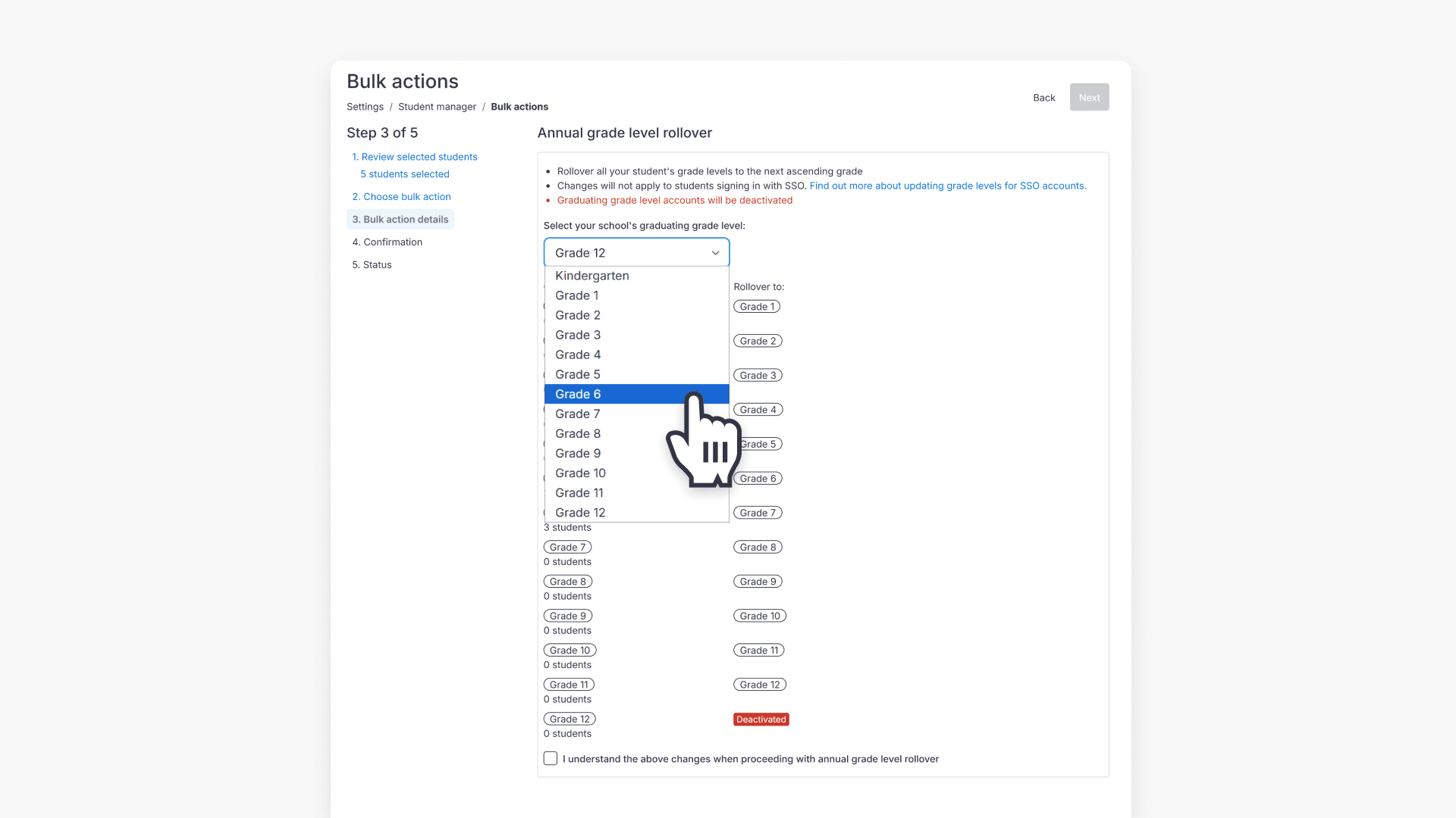 Hand pointing over 'Grade 6' from 'Select your school's graduating grade level' dropdown list