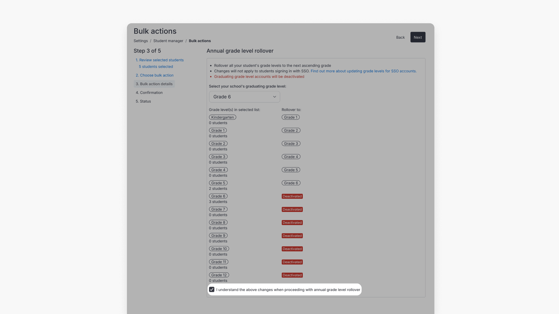 Window highlighting the 'I understand the above changes when proceeding with annual grade level rollover' disclaimer at the bottom of the screen