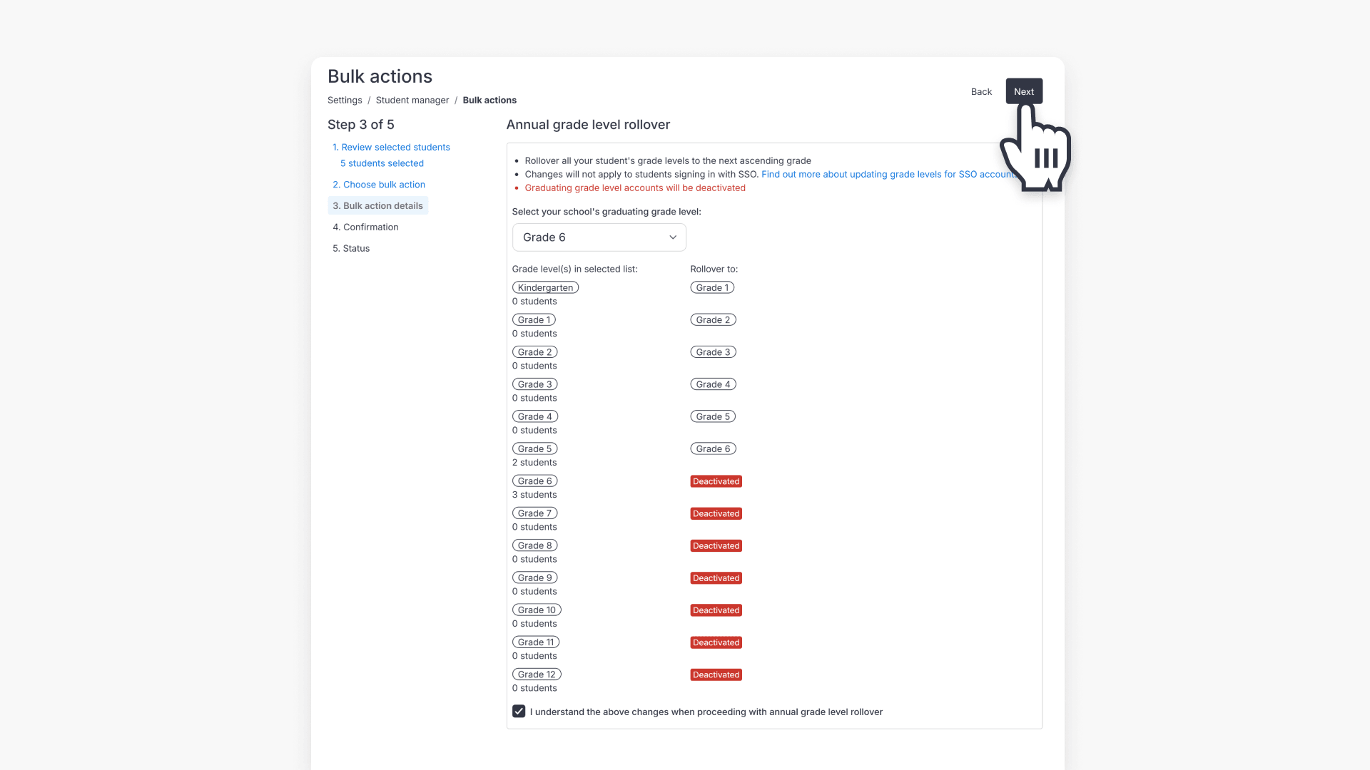 Hand pointing over the 'Next' button