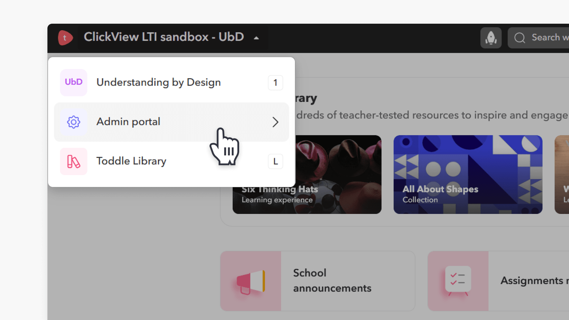 Click admin portal on Toddle