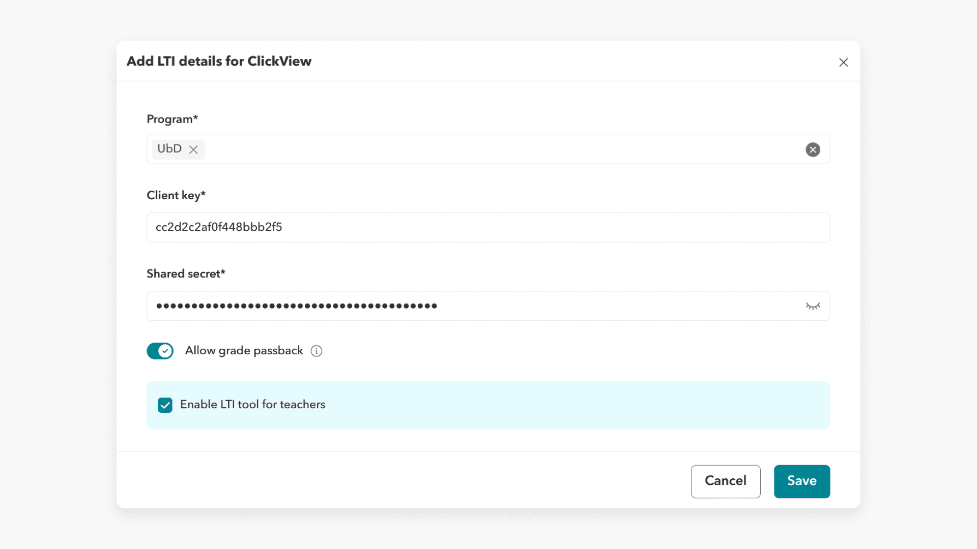 Input LTI details for Clickview