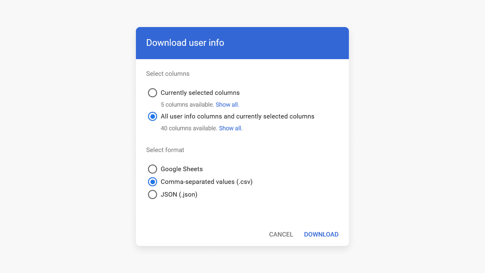 Download user info pop up