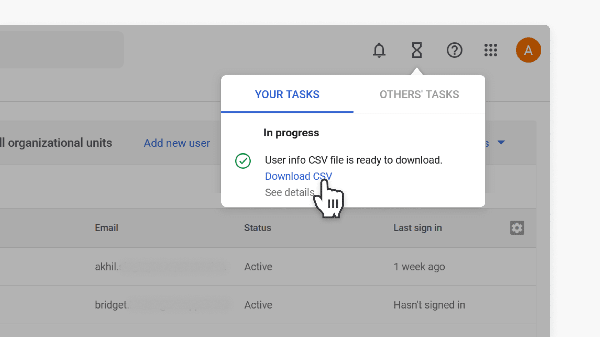 Click Download CSV in the left Admin task area