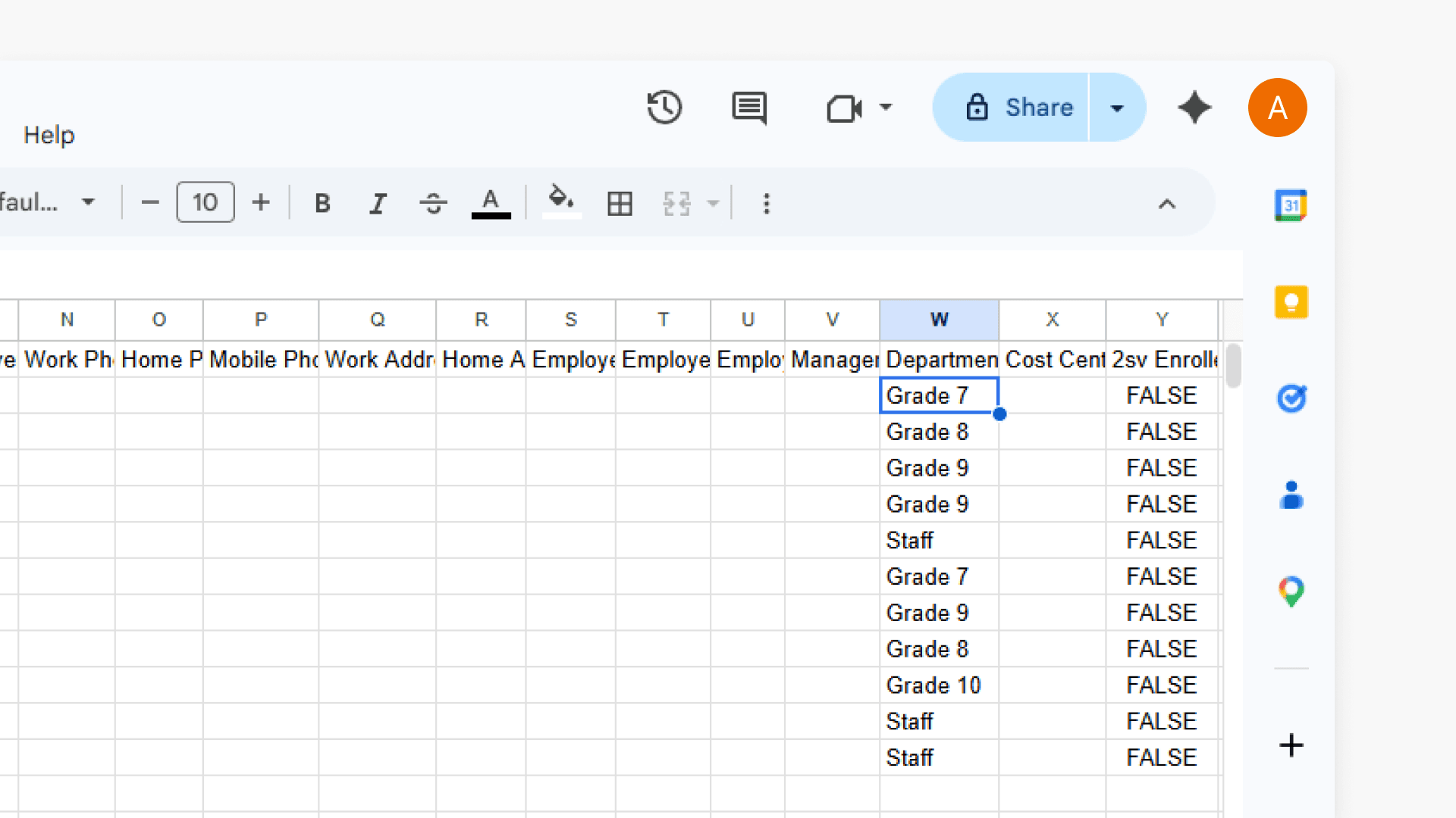Excel sheet with grades and FALSE