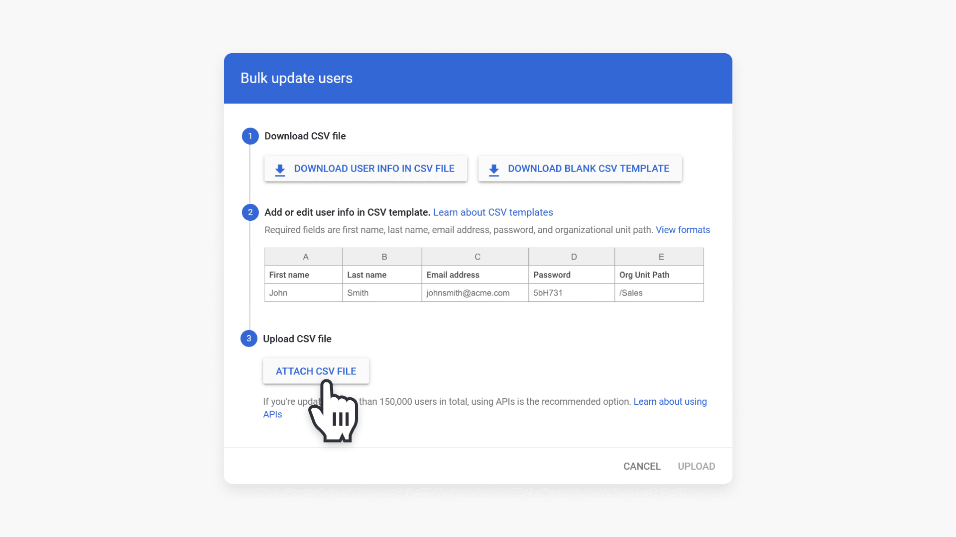 Bulk update users pop up and select ADD CSV FILE