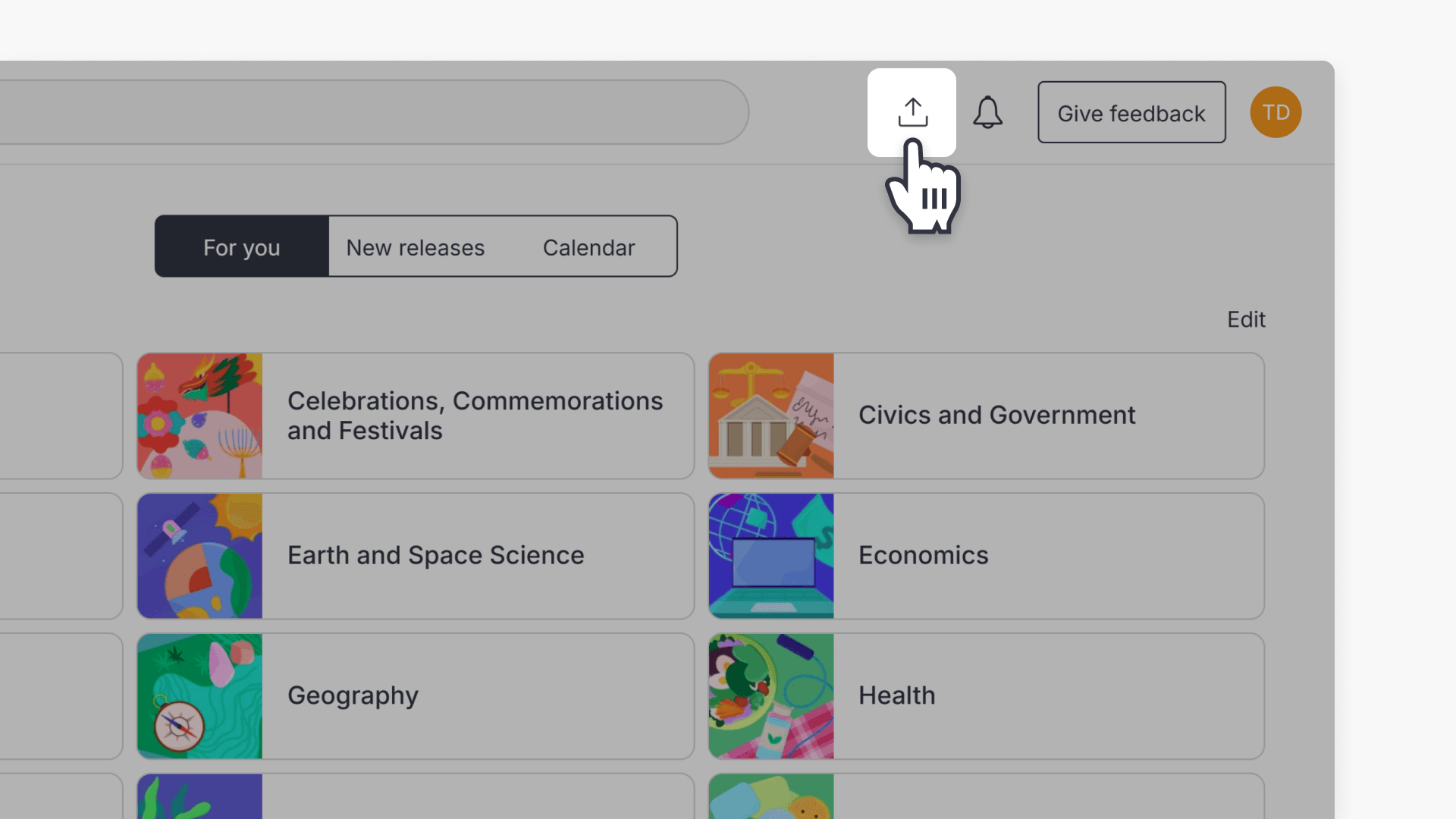 Cursor hovering over the upload icon