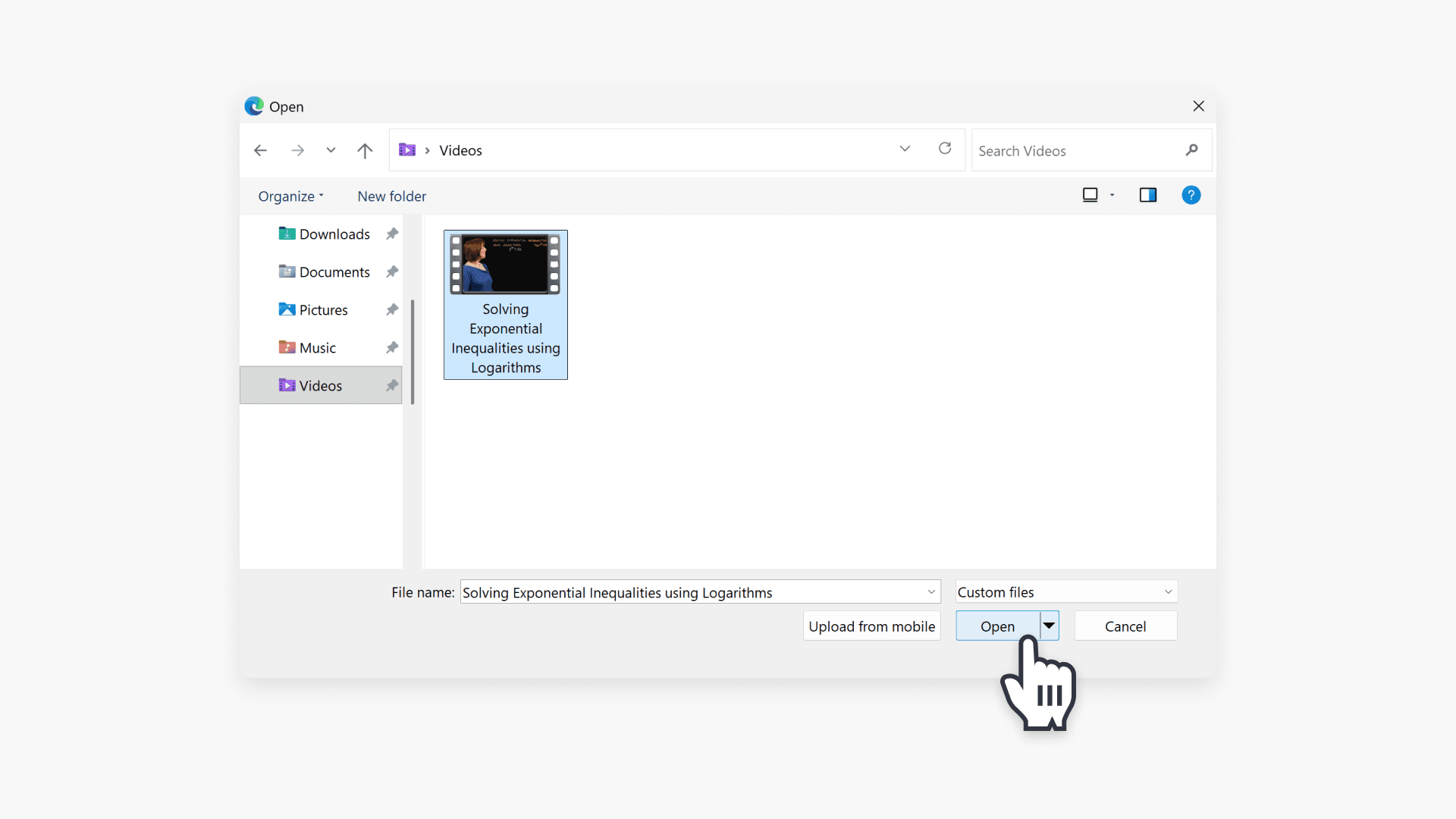 Window selecting video to upload