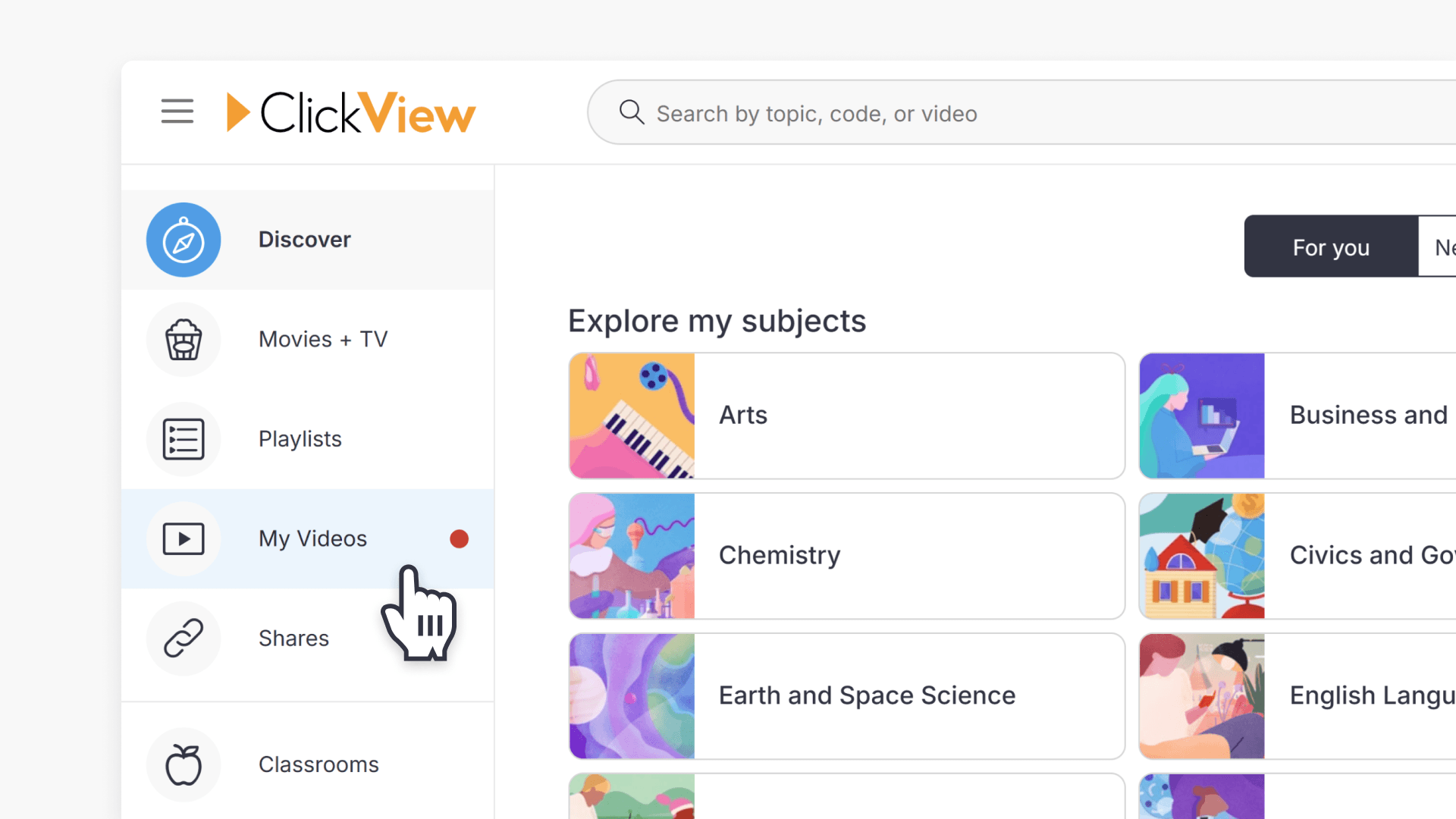 Cursor pointing in My Videos in the left navigation