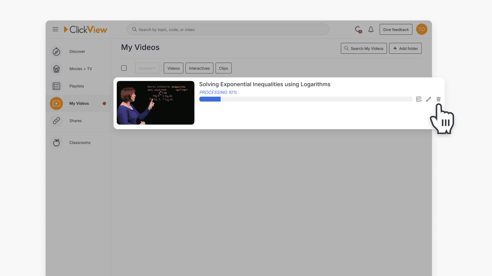 Cursor hovering over the delete icon in the video uploading user interface