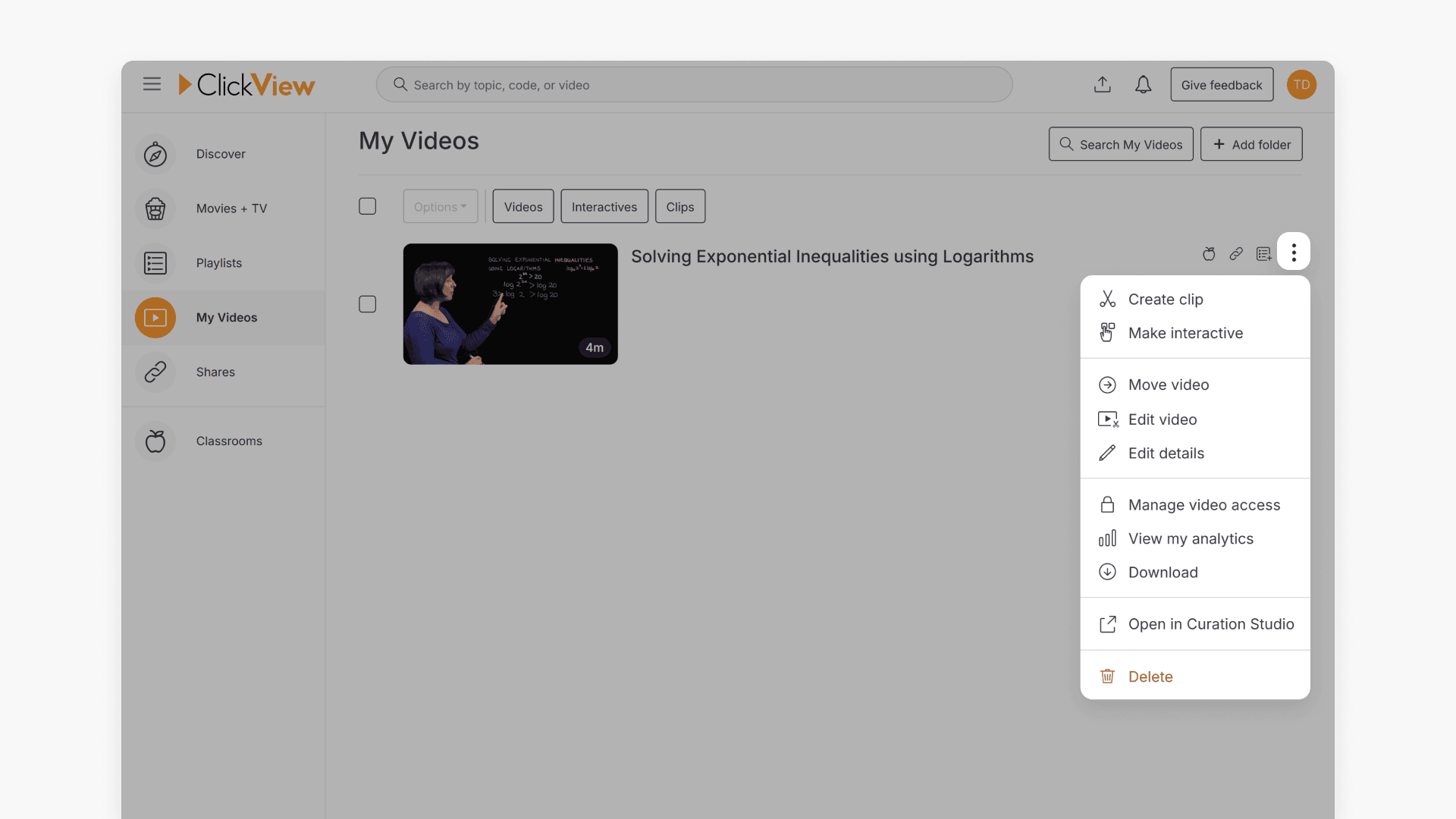 User interface of My Videos showing the options under the ellipsis