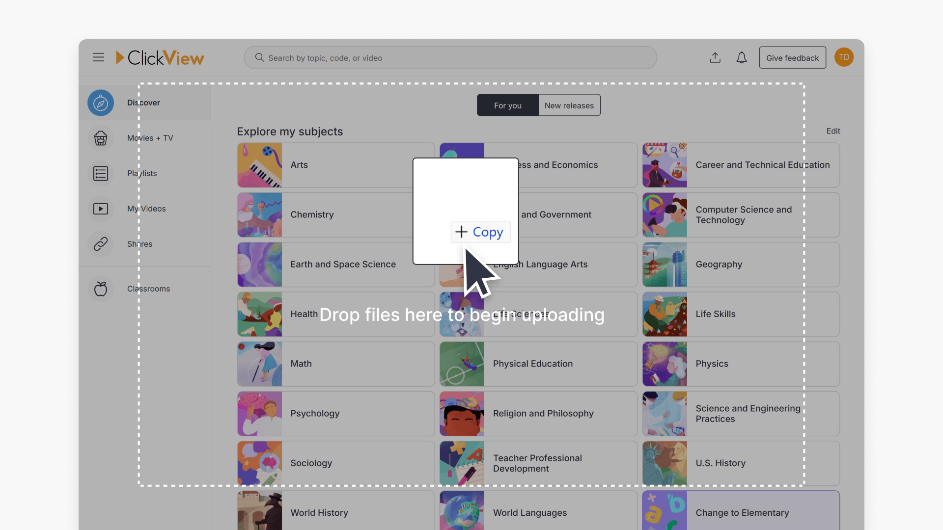 User interface of dragging files to begin uploading