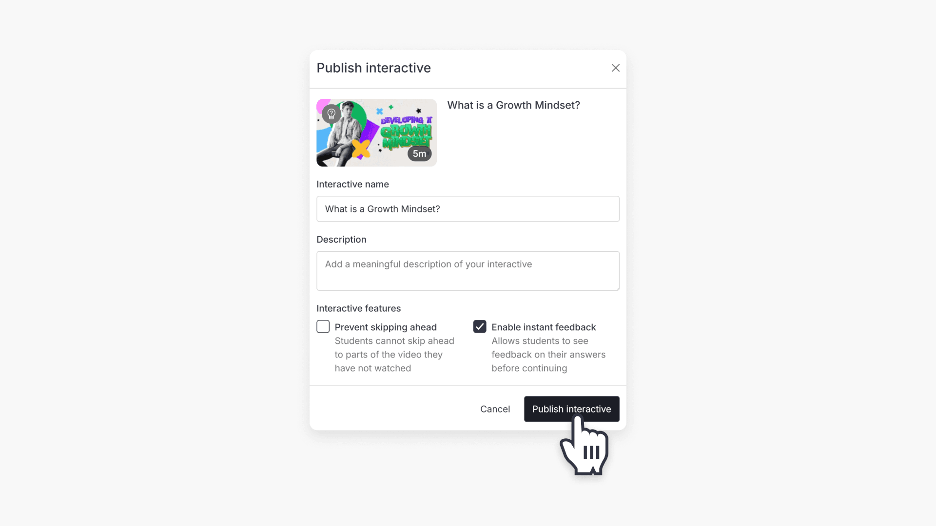 Hand pointing to the 'Publish interactive' button in the 'Edit interactive details' pop-up window