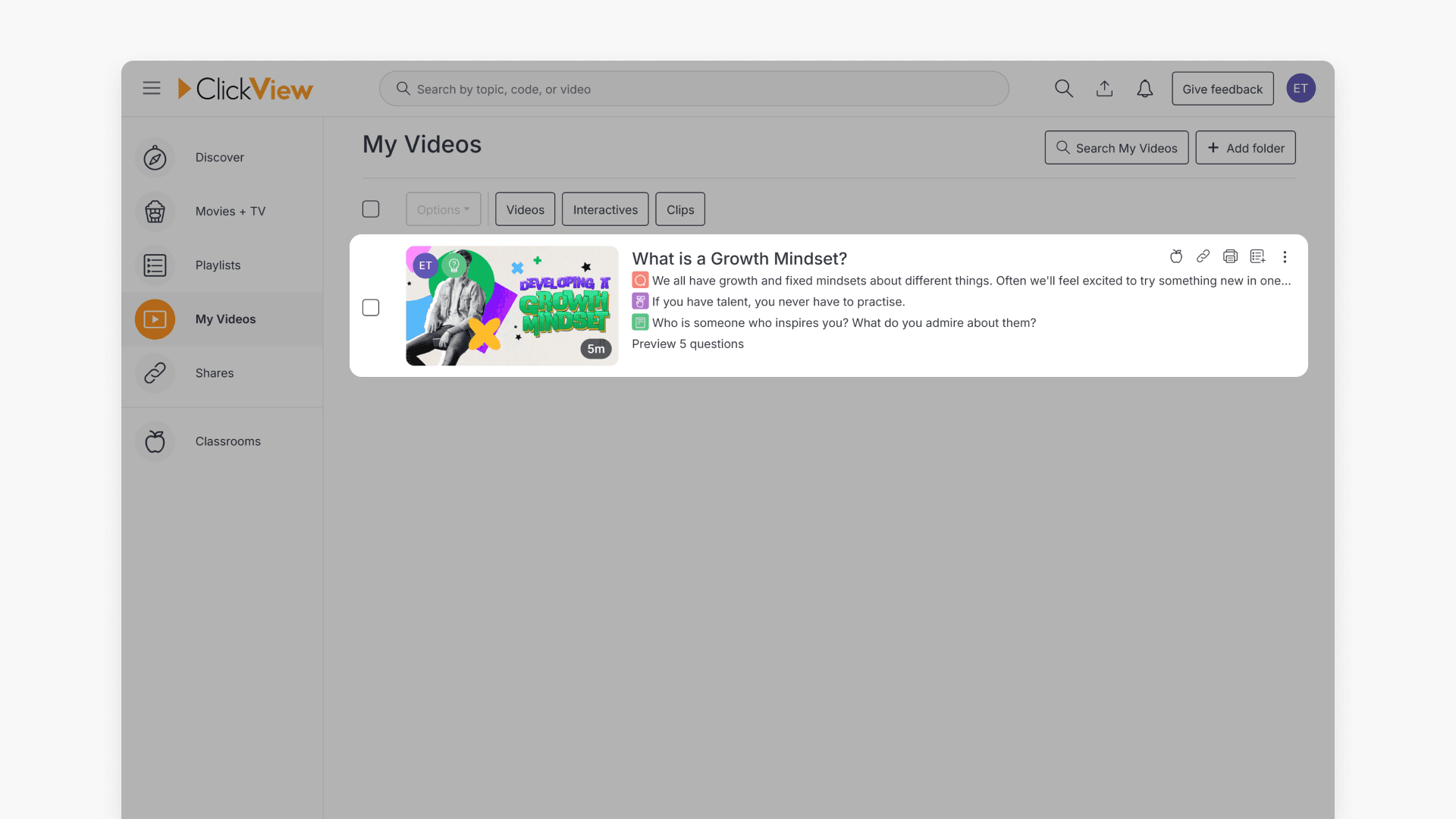 Window highlighting an interactive video in the My Videos page