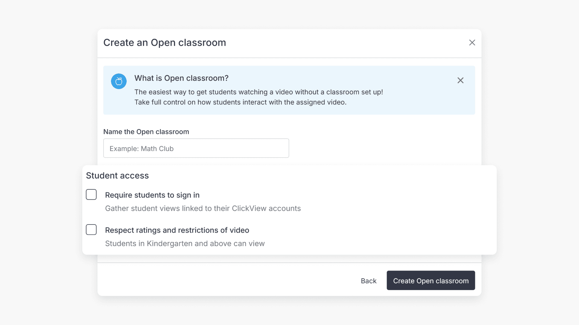 Open classroom video and student access settings screenshot