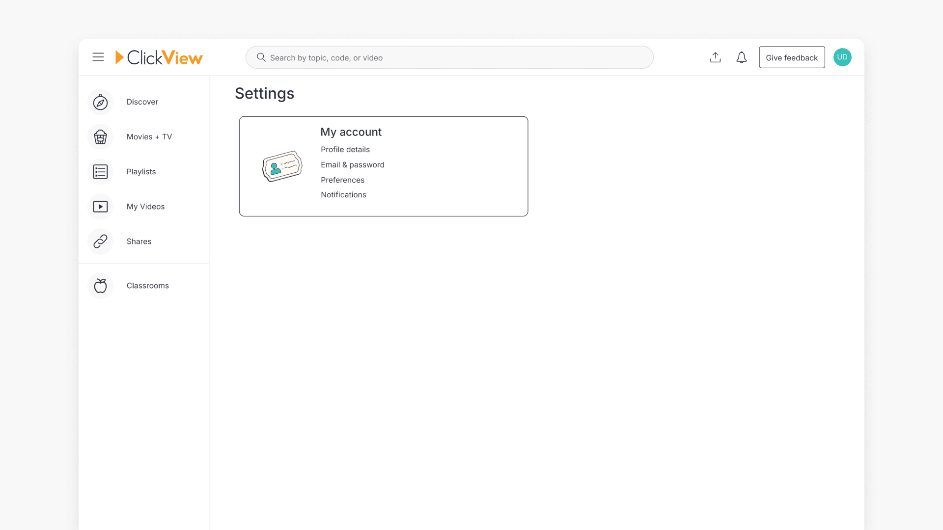 My account options in ClickView Settings for teachers