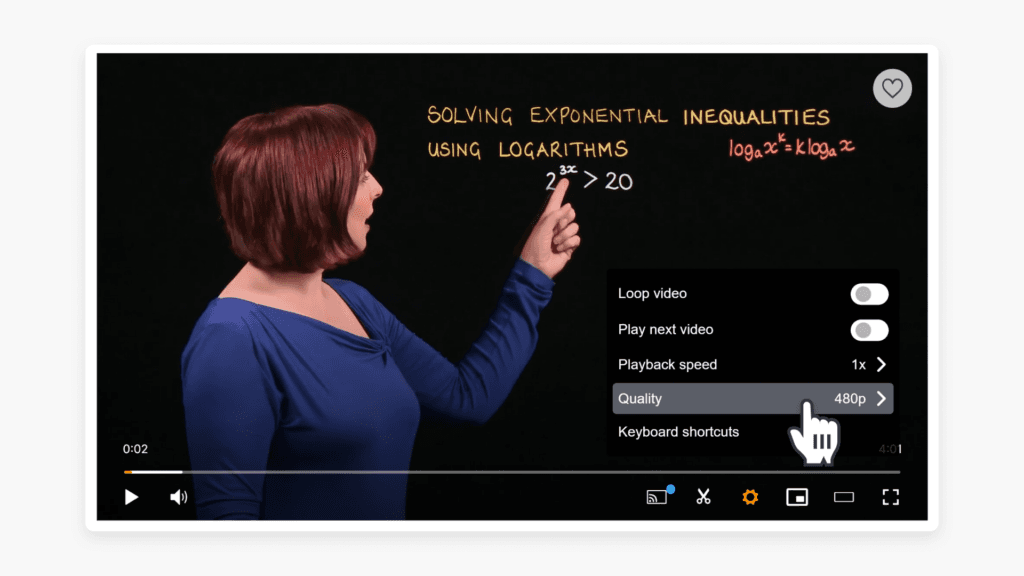 A video player with a cursor pointing at the 1080p video quality settings