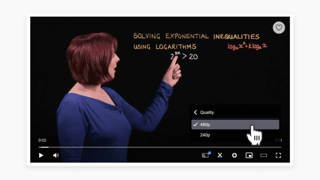 A video player with a cursor pointing at the 480p video quality settings