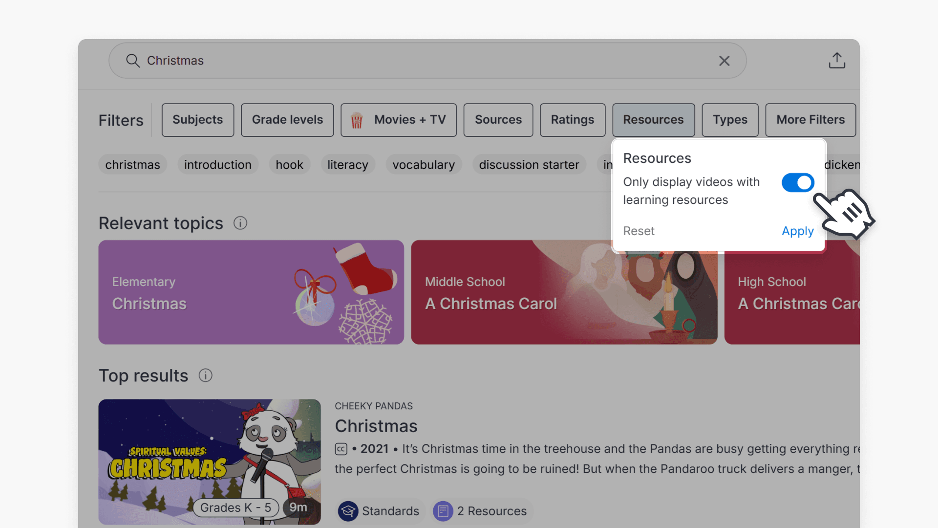 Hand pointing over the 'Only display videos with learning resources' toggle under the Resources filter