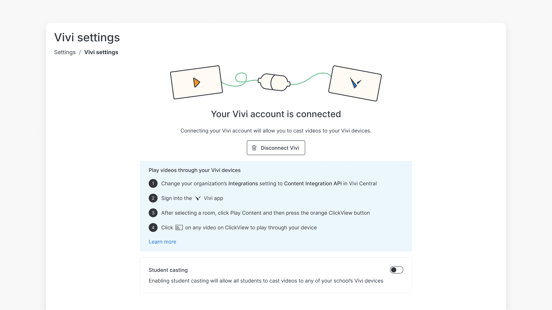 Vivi account connected displayed in the Vivi settings