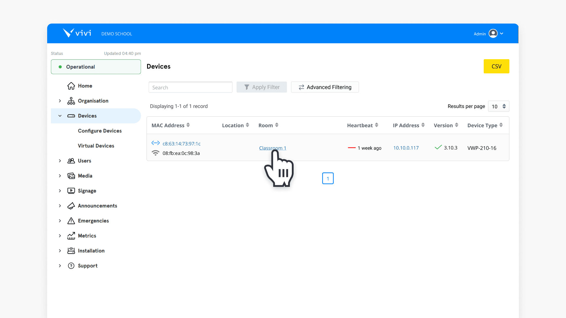 Select your device in Vivi Central