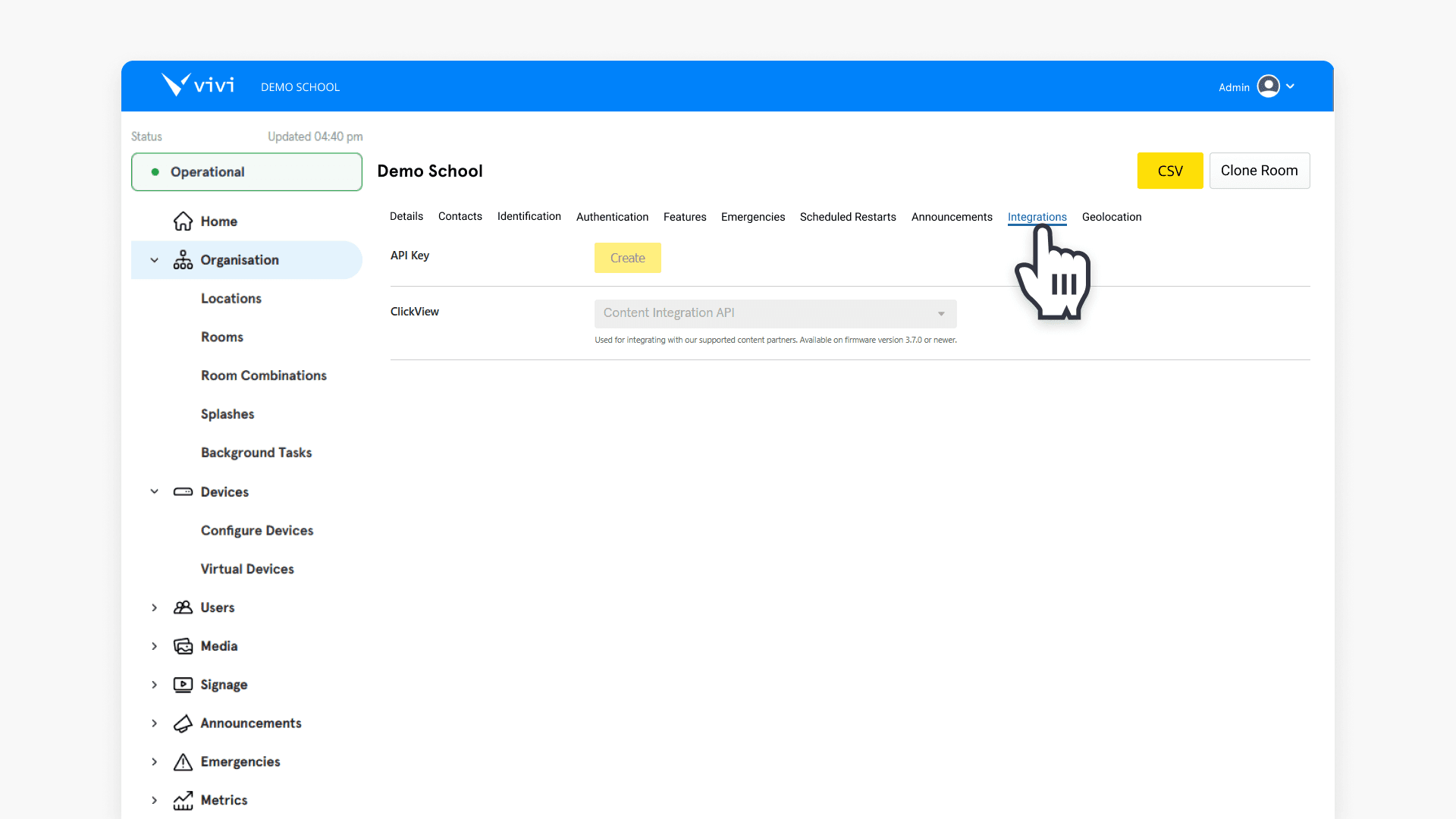 How to access the Integrations tab for Organisations in Vivi Central
