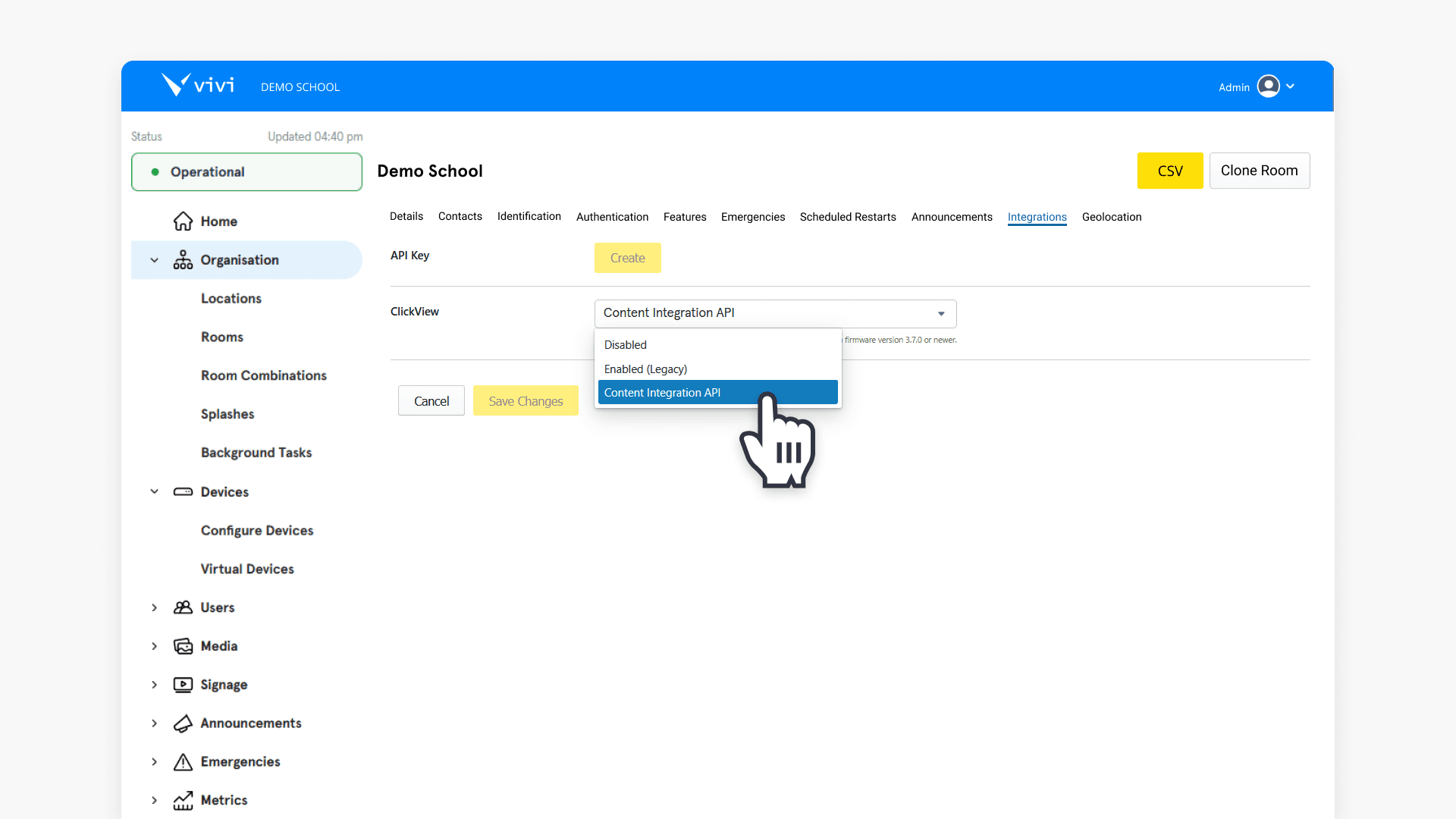 Select Content Integration API for your organisation in Vivi Central