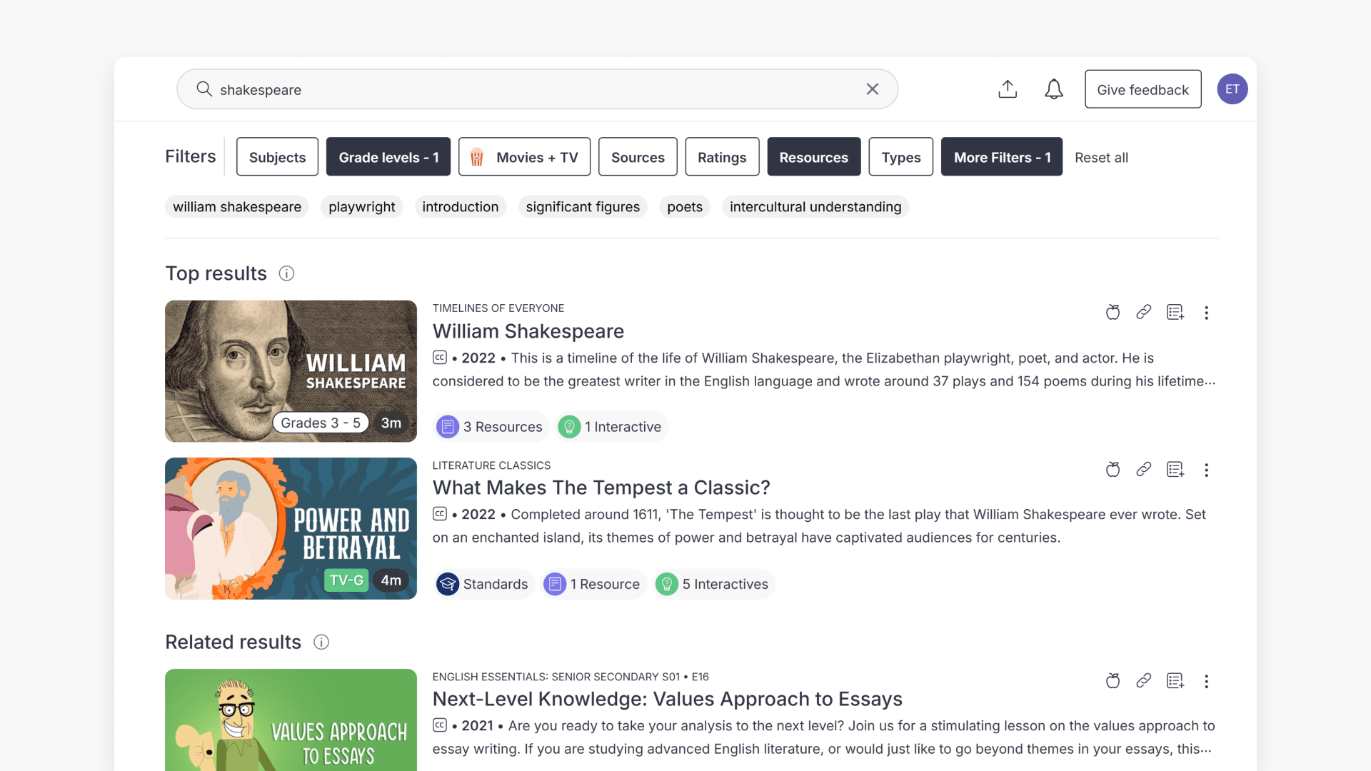 Window showing the search results with applied filters