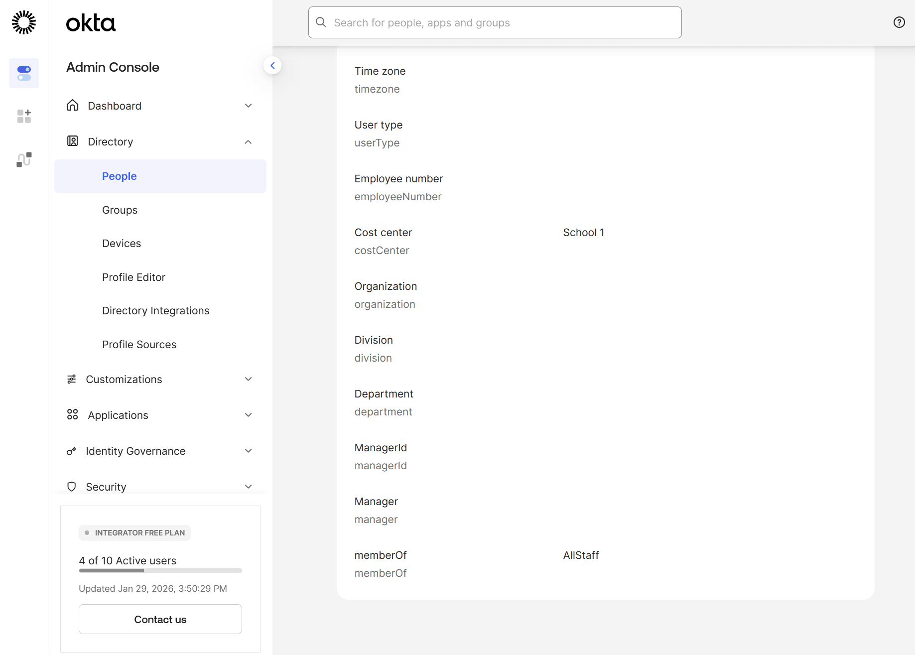 User’s profile and attribute values interface