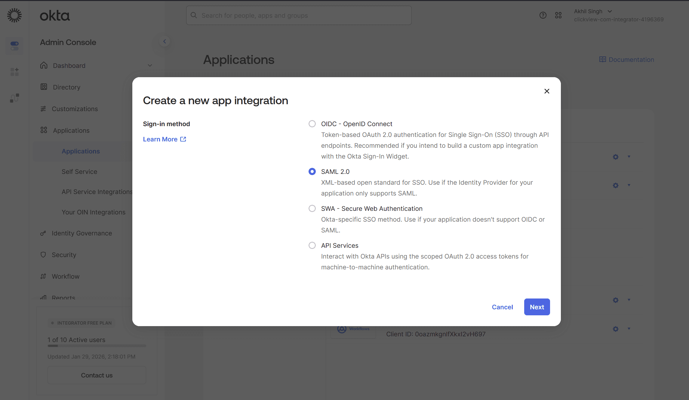 Create a new app integration pop up