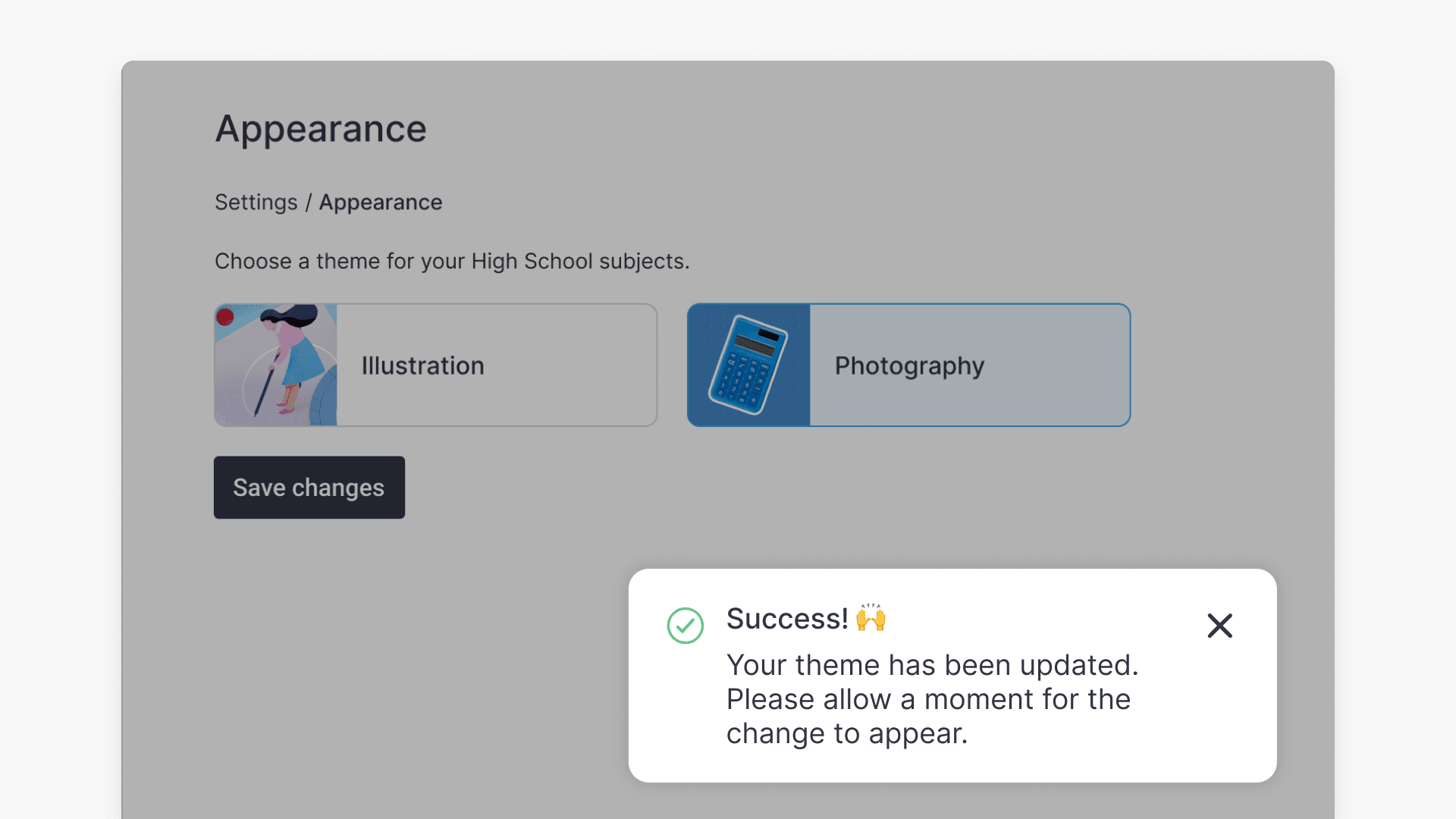 Success notification on appearance page