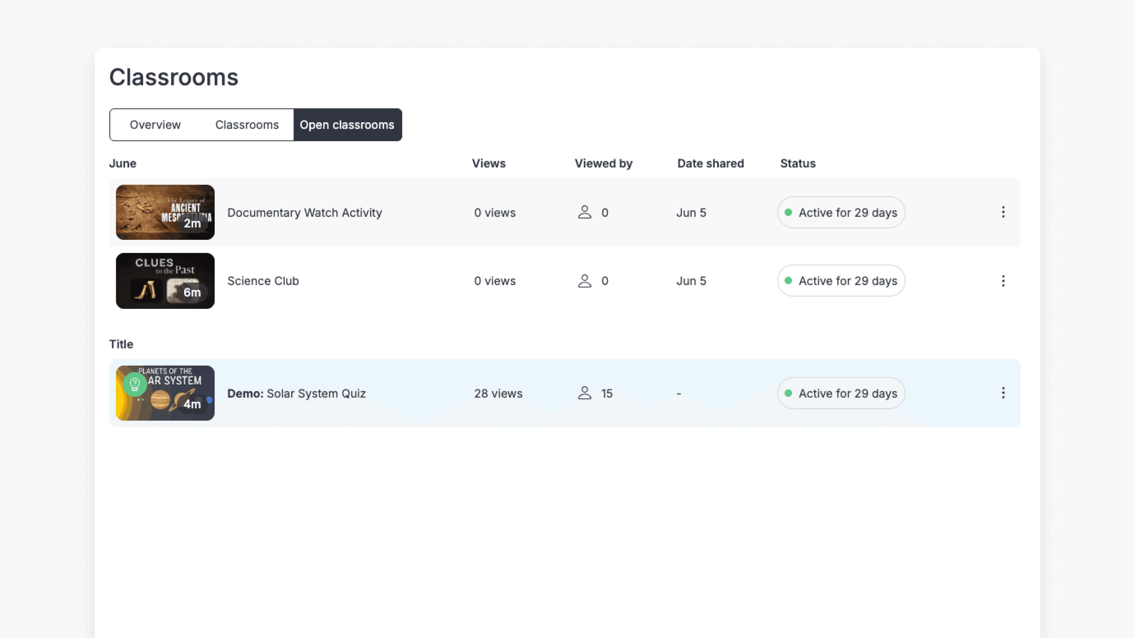 Open classrooms page
