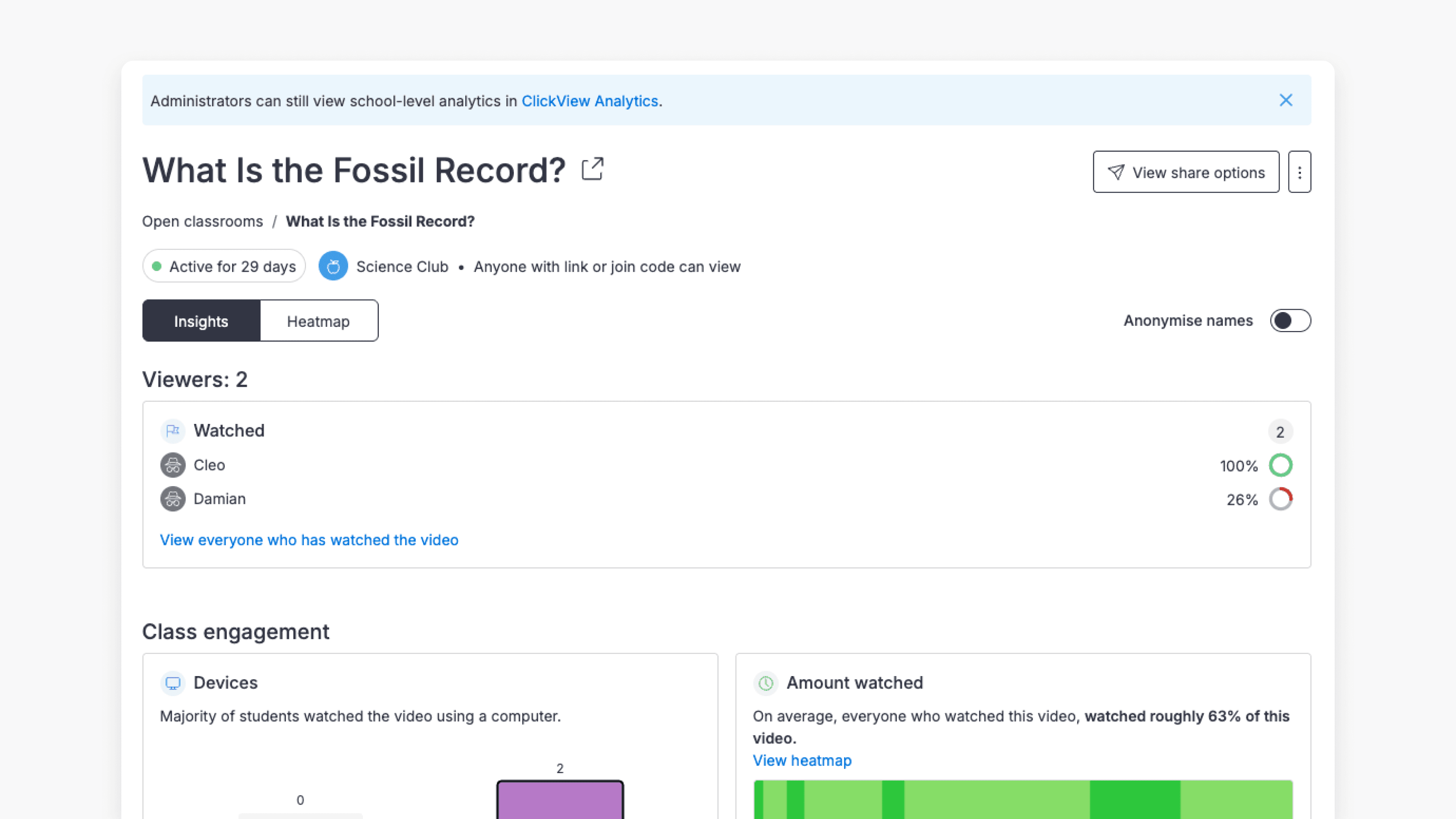 open classrooms analytics page