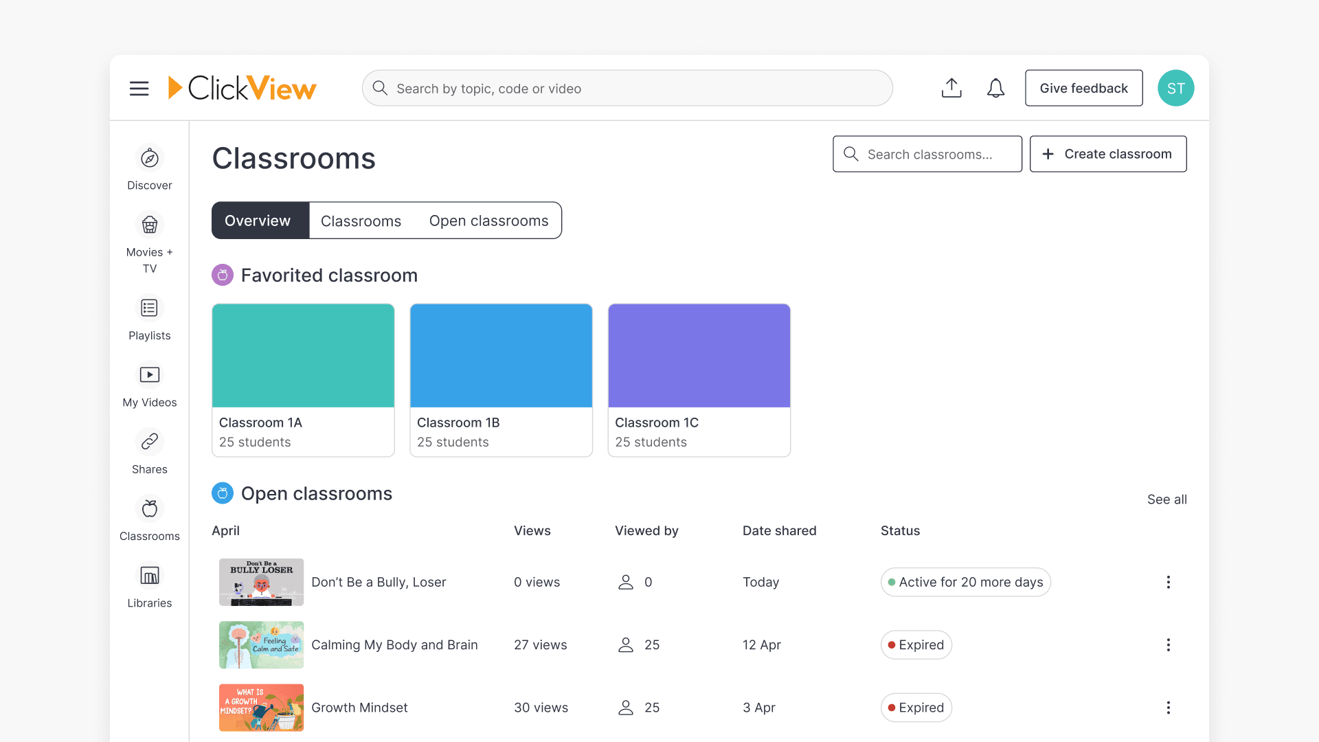 Classrooms overview page