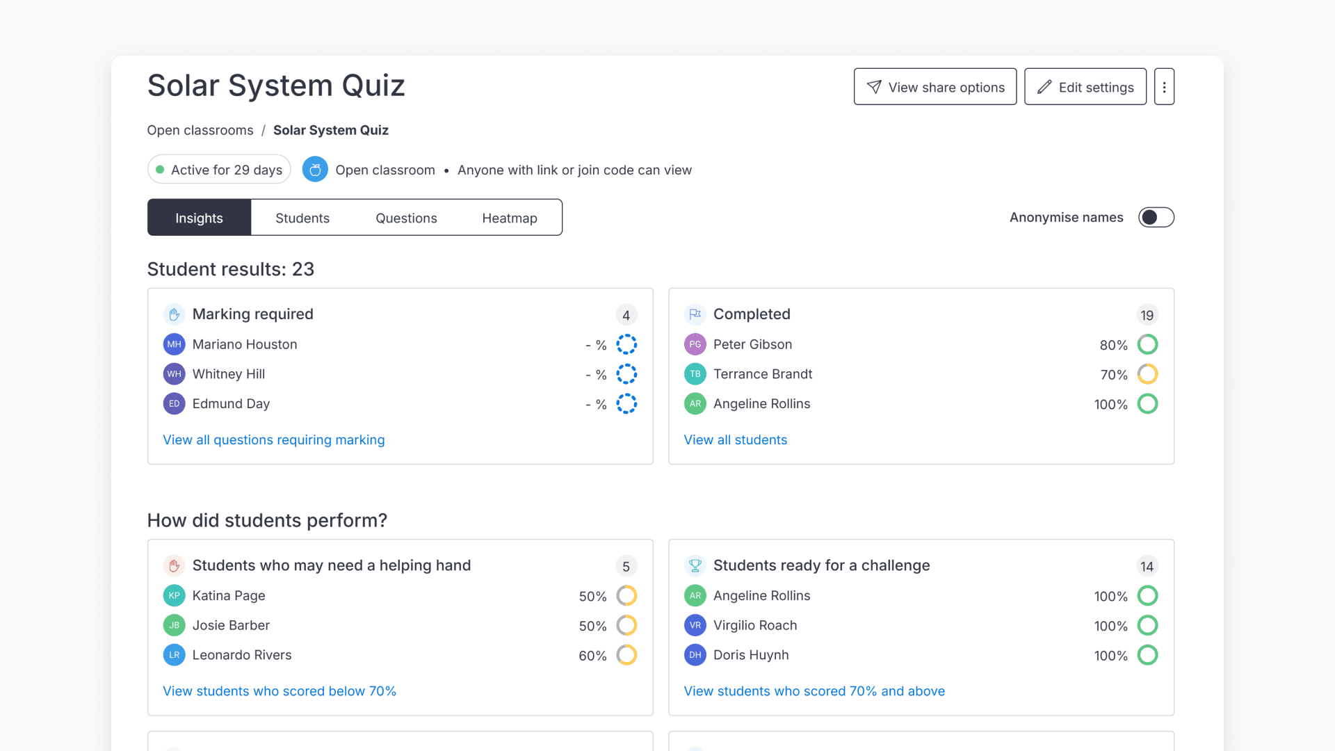Open classroom subject page
