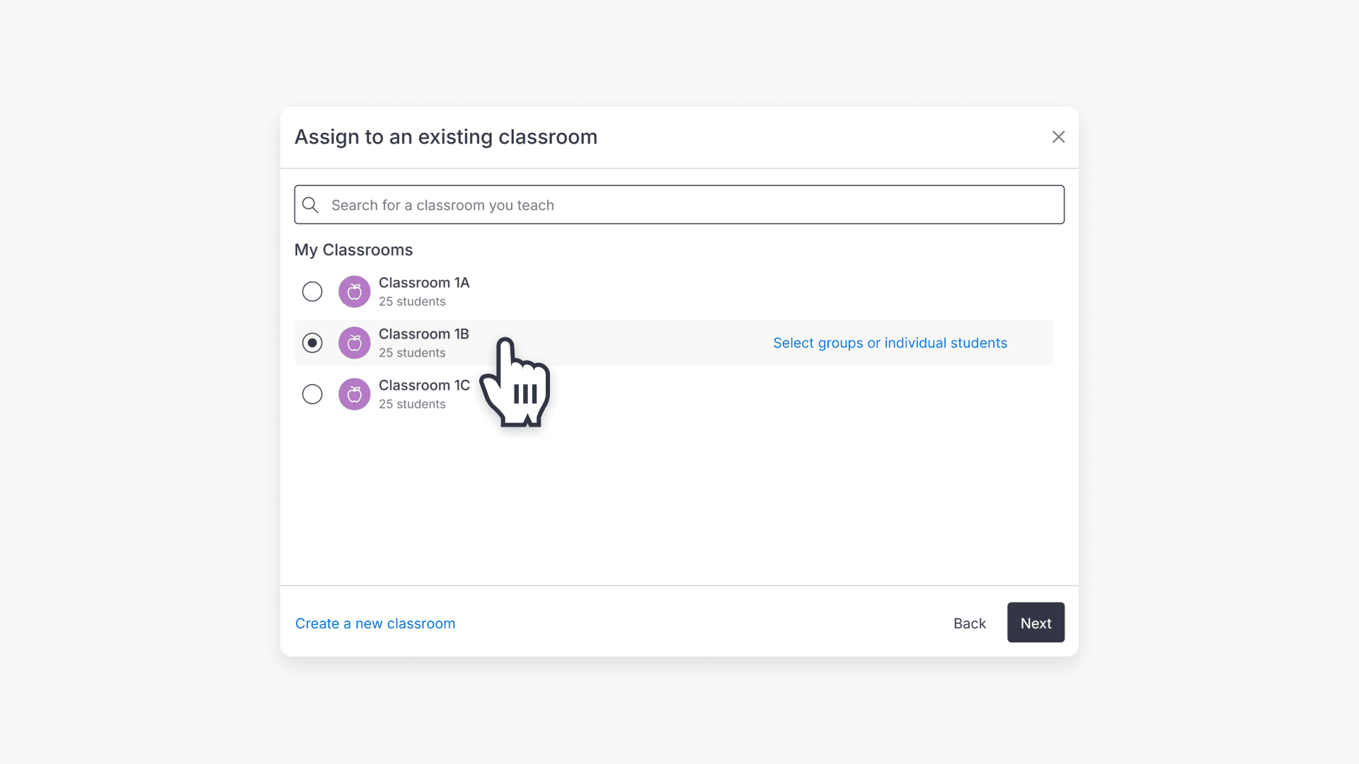 Assign to an existing classroom page