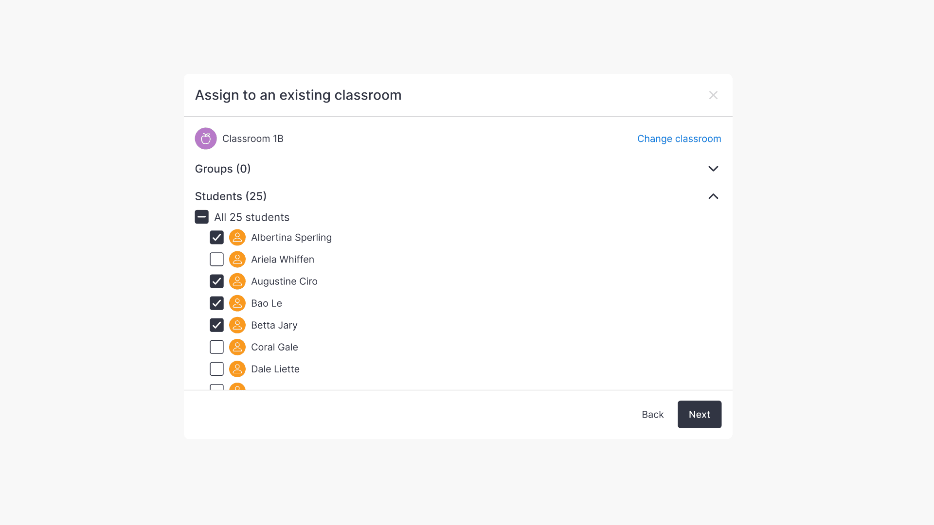 Assign to an existing classroom check boxes