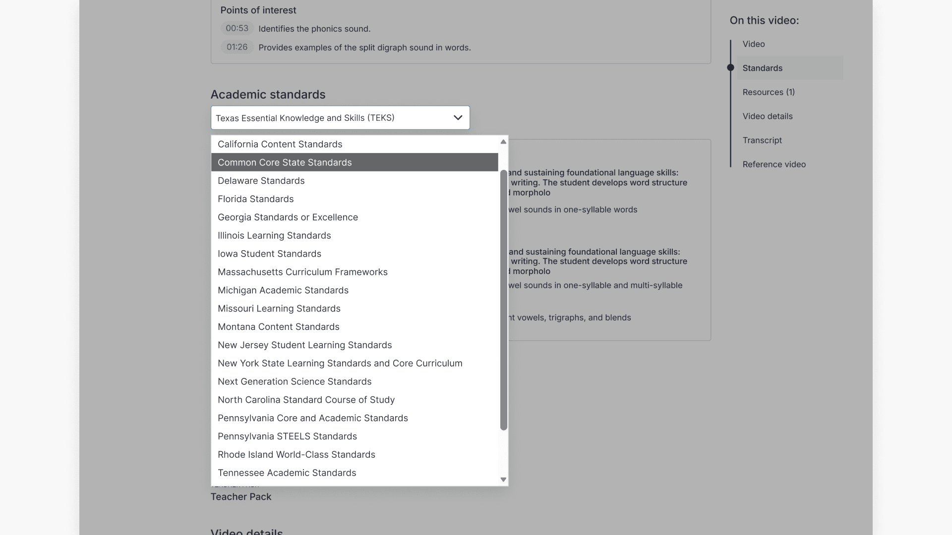 State frameworks dropdown options