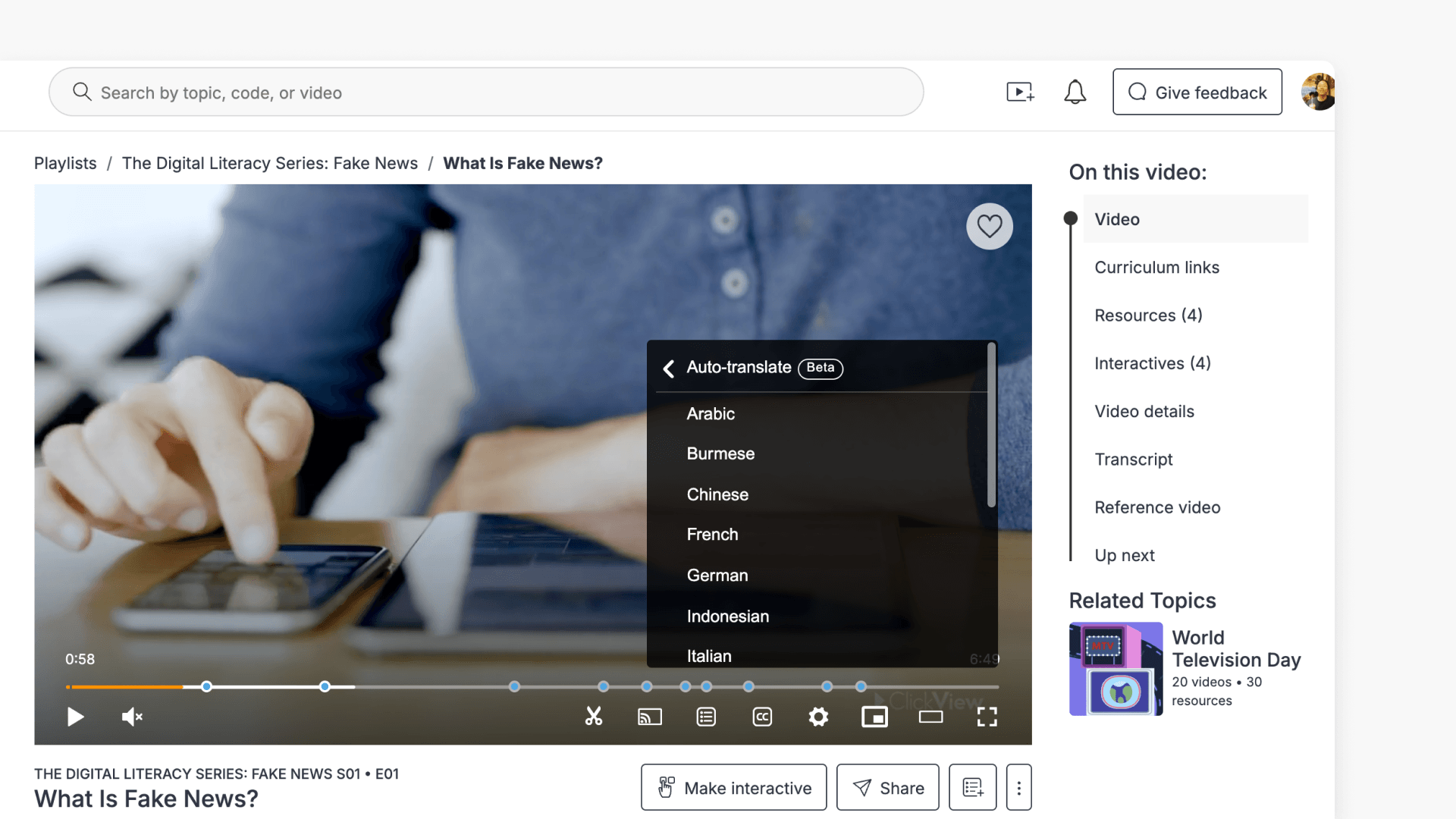Language selection for captions