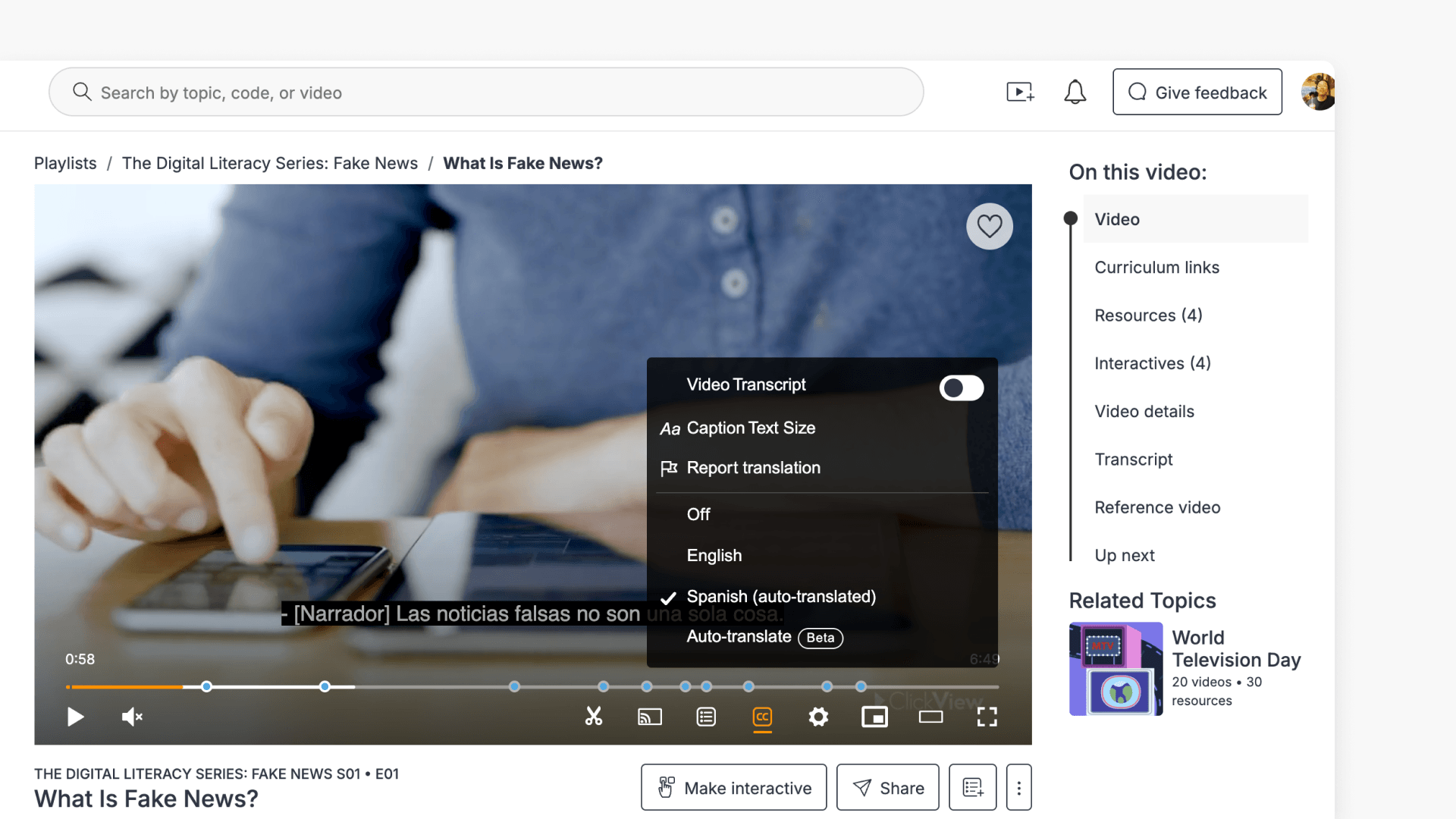 Language selected for captions