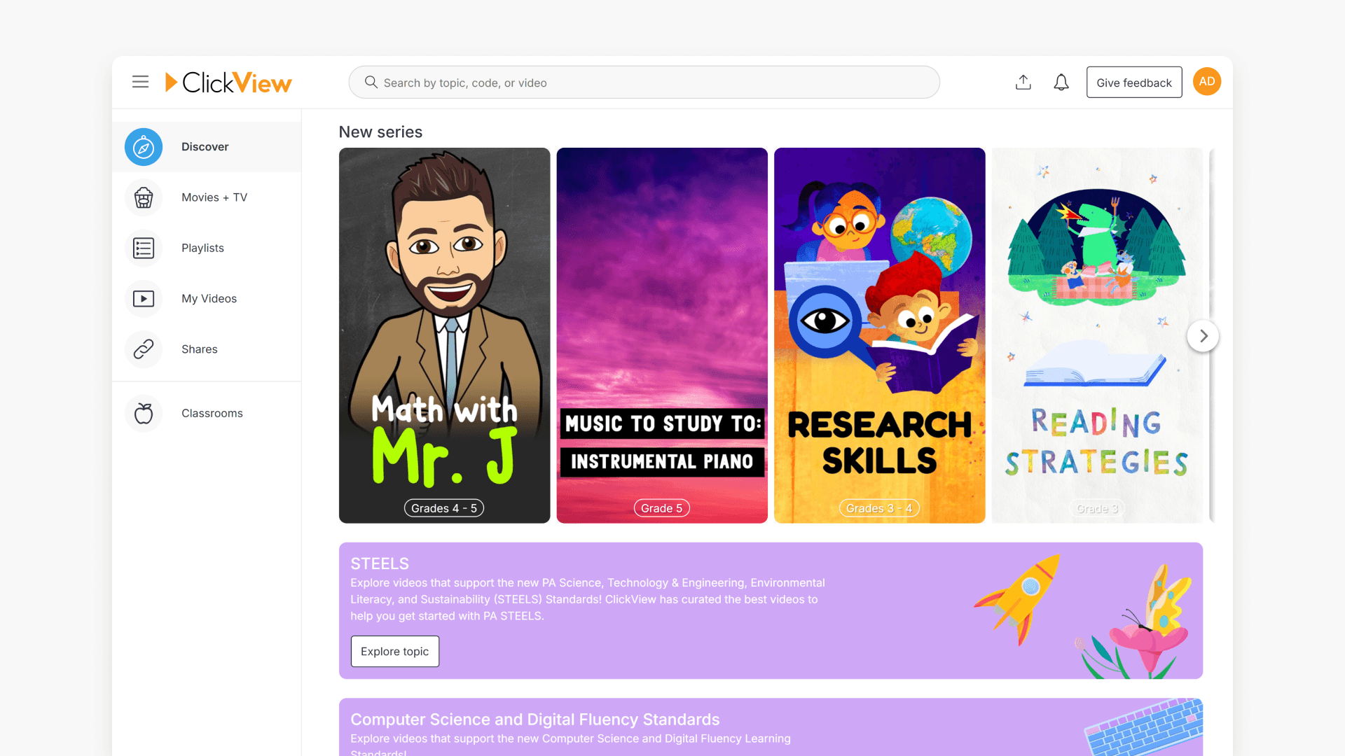 Clickview discover series interface