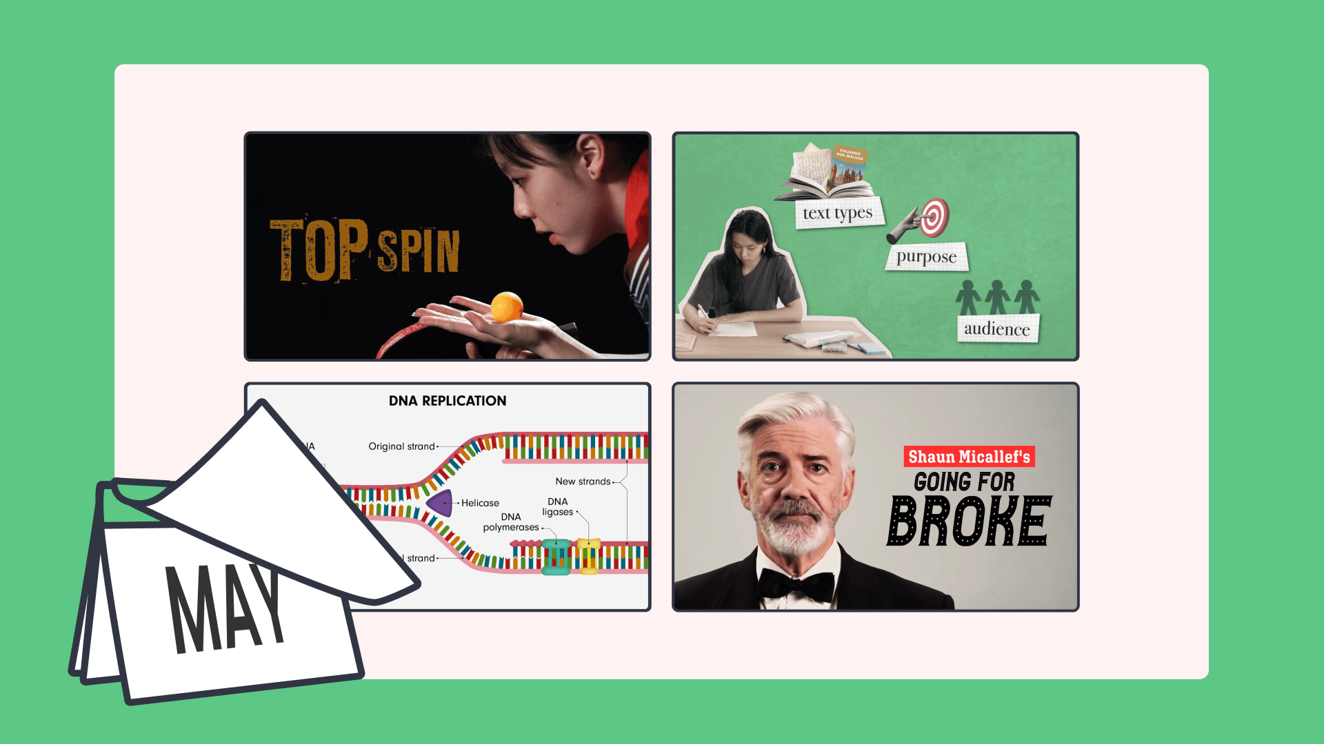 A collage of different videos with an illustration of the May calendar