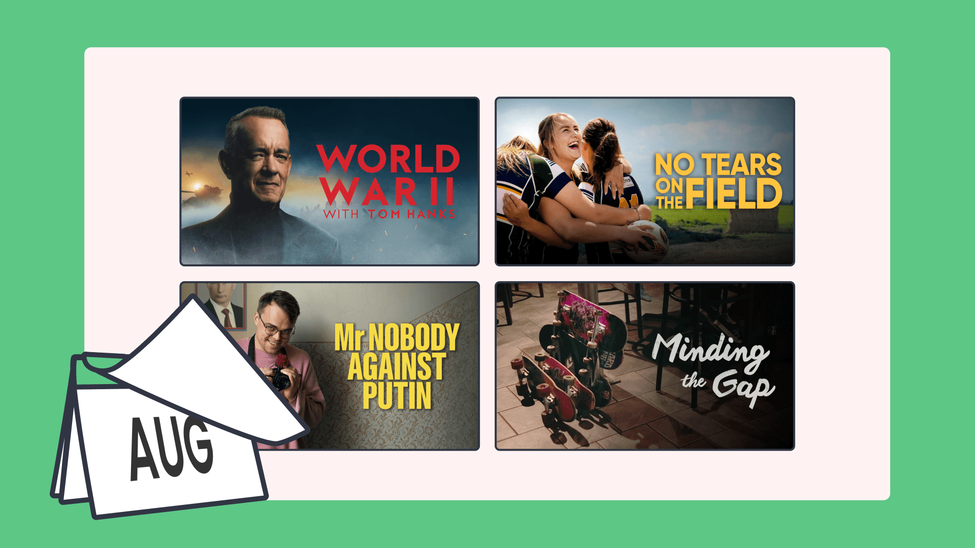 Four images with the august calendar at the bottom left corner hero