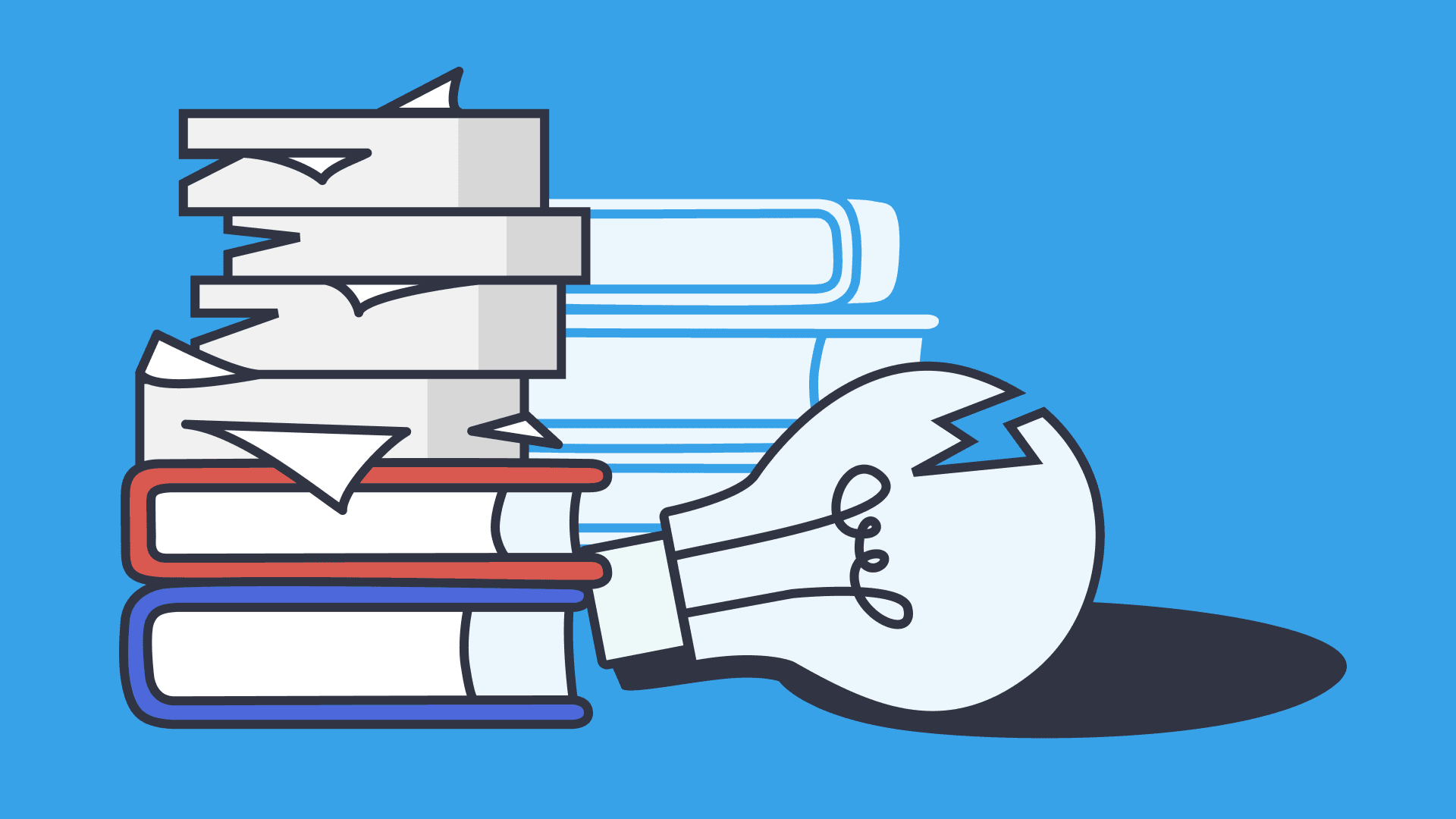 Stacked books and a broken light bulb showing burnout effects
