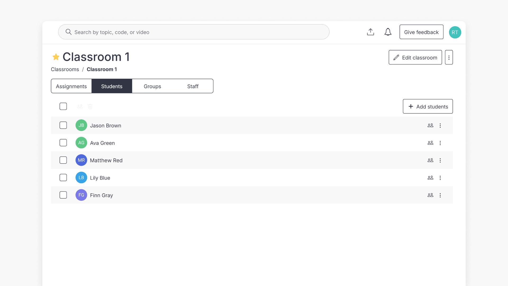 Classrooms interface in ClickView