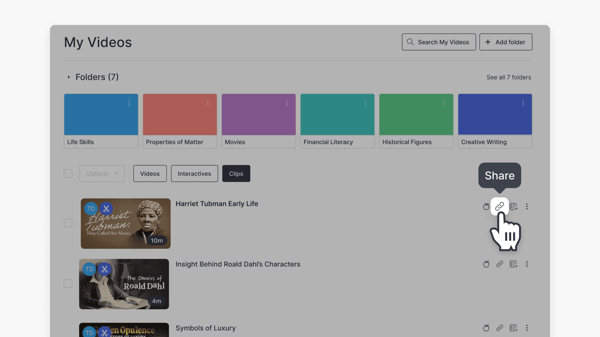 Hand pointing over the "share" icon in My Videos page