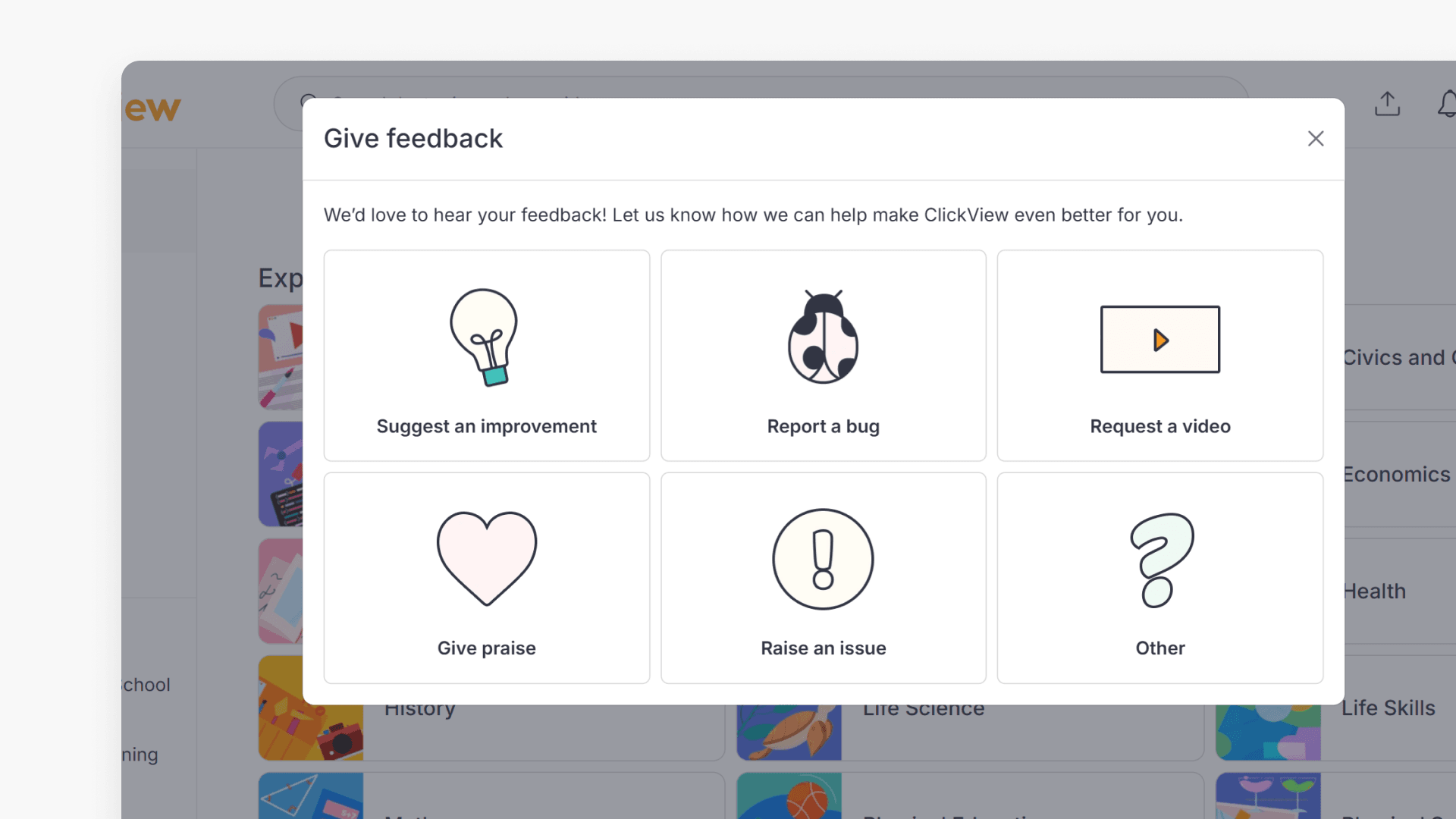 Window showing the "Give Feedback" pop-up