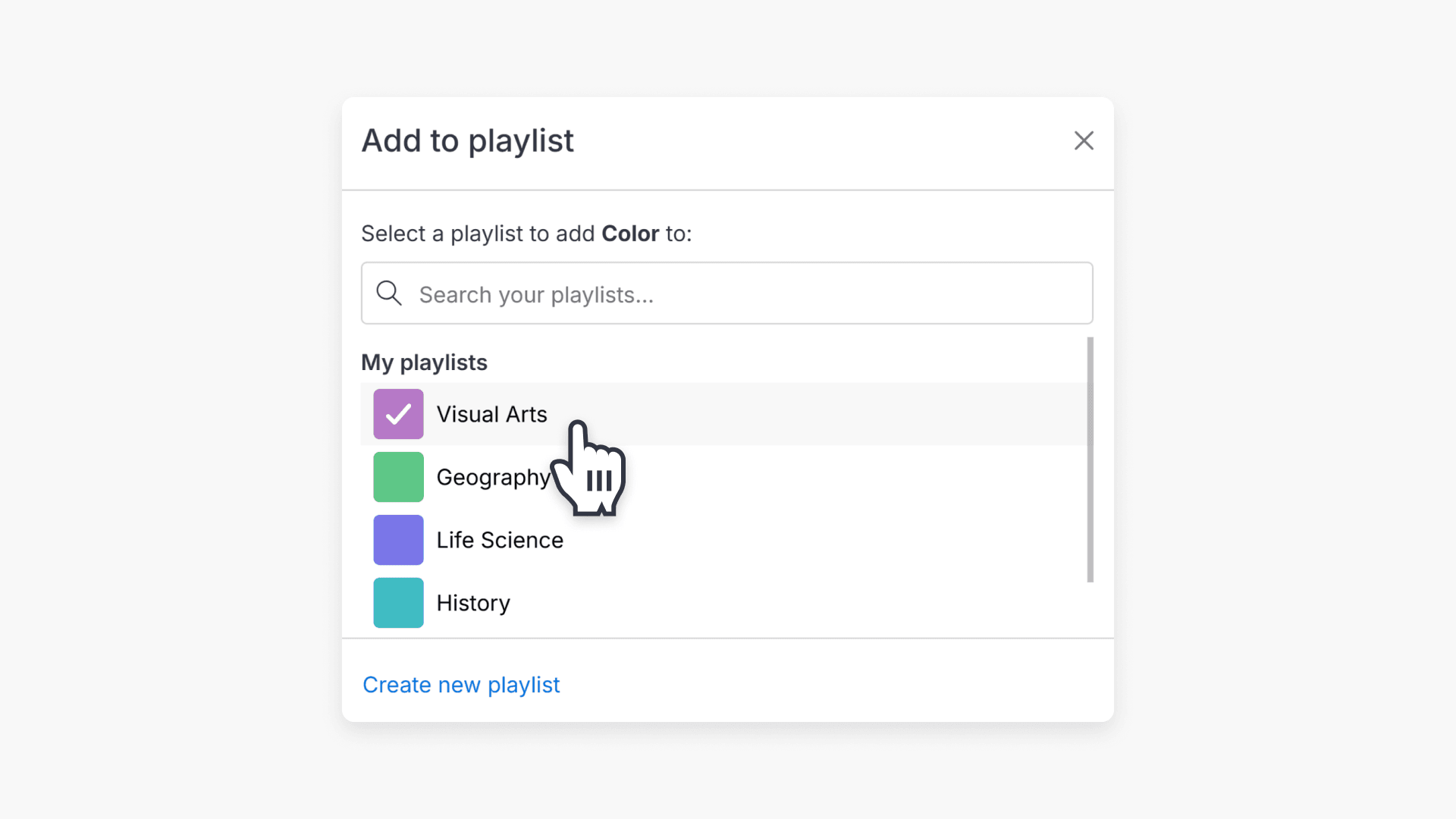 Hand pointing over to the the dropdown options of 'My Playlist'